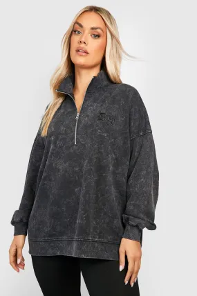 Plus Acid Wash Embroidered Half Zip Sweater