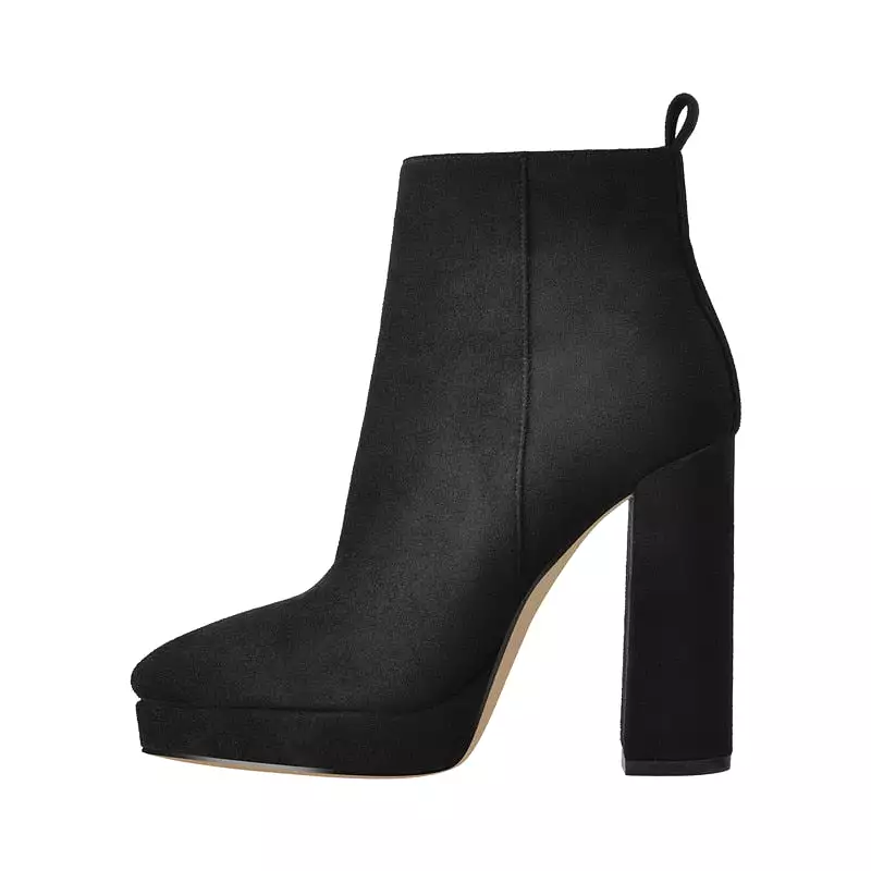 Pointed Toe Black Matte Flock 12CM Chunky Heel Platform Booties Party Shoes Large Size Short Boots