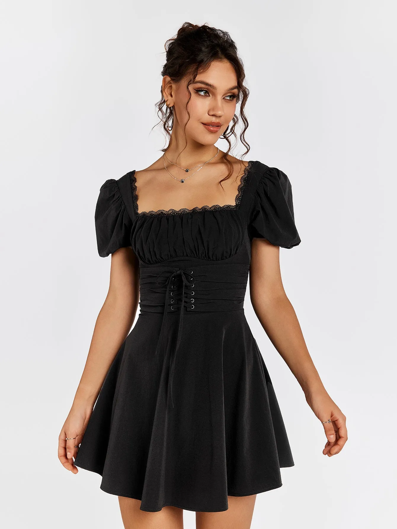 Puff Sleeve Lace Trim Backless Mini Dress