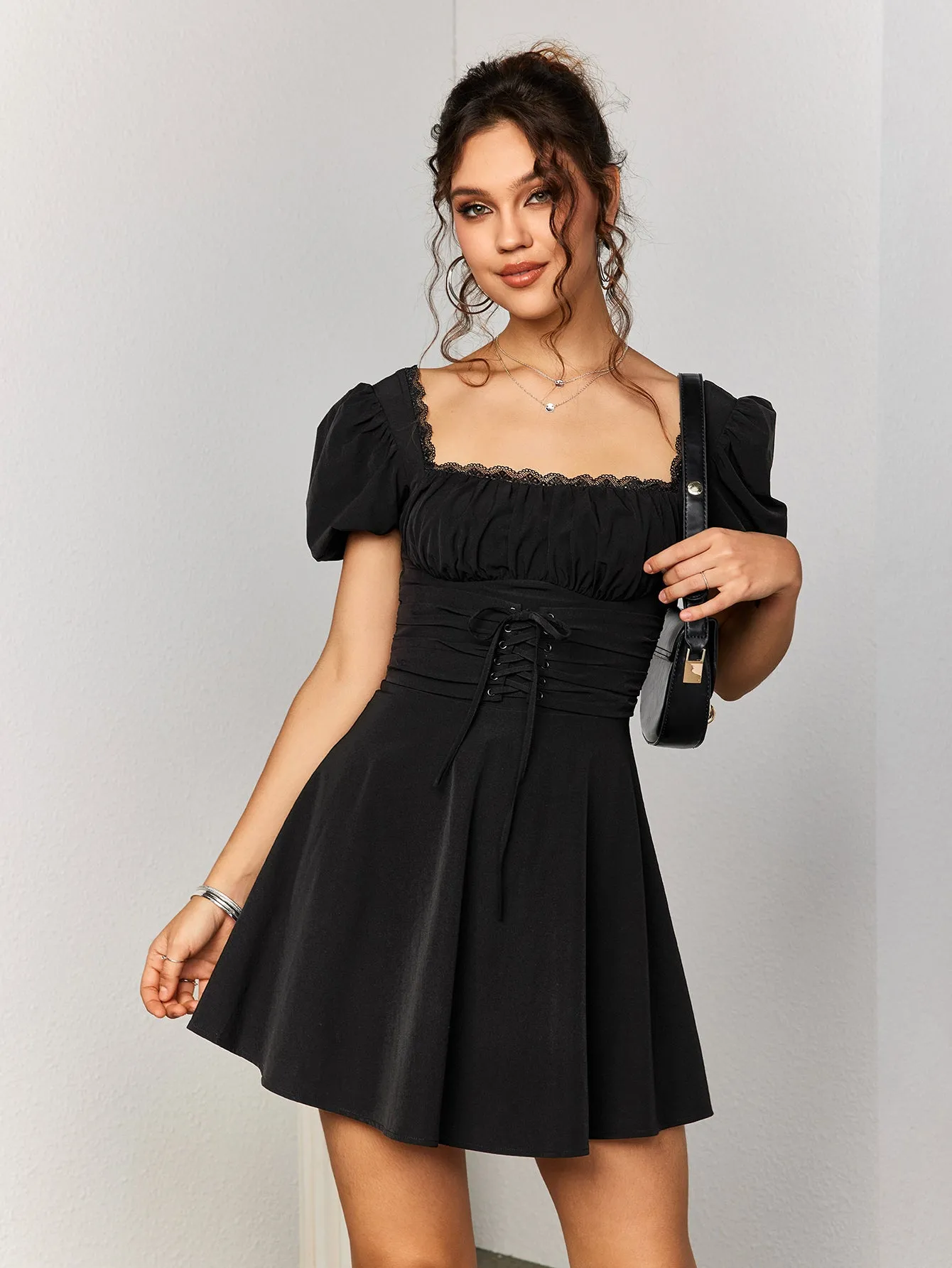 Puff Sleeve Lace Trim Backless Mini Dress