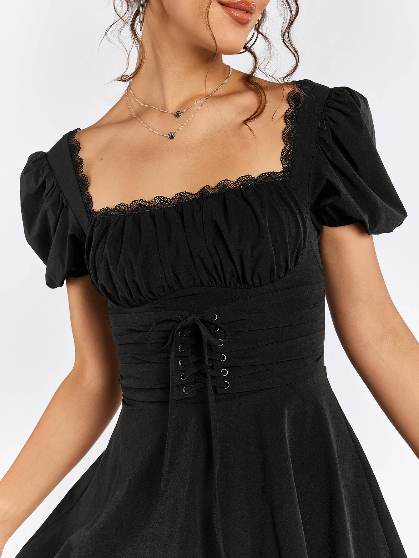 Puff Sleeve Lace Trim Backless Mini Dress