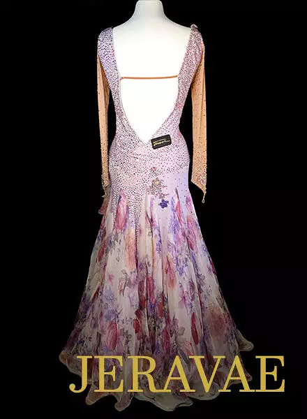 Purple and Nude Smooth Dress with Floral Skirt and Swarovski Stones Size L/XL SMO085