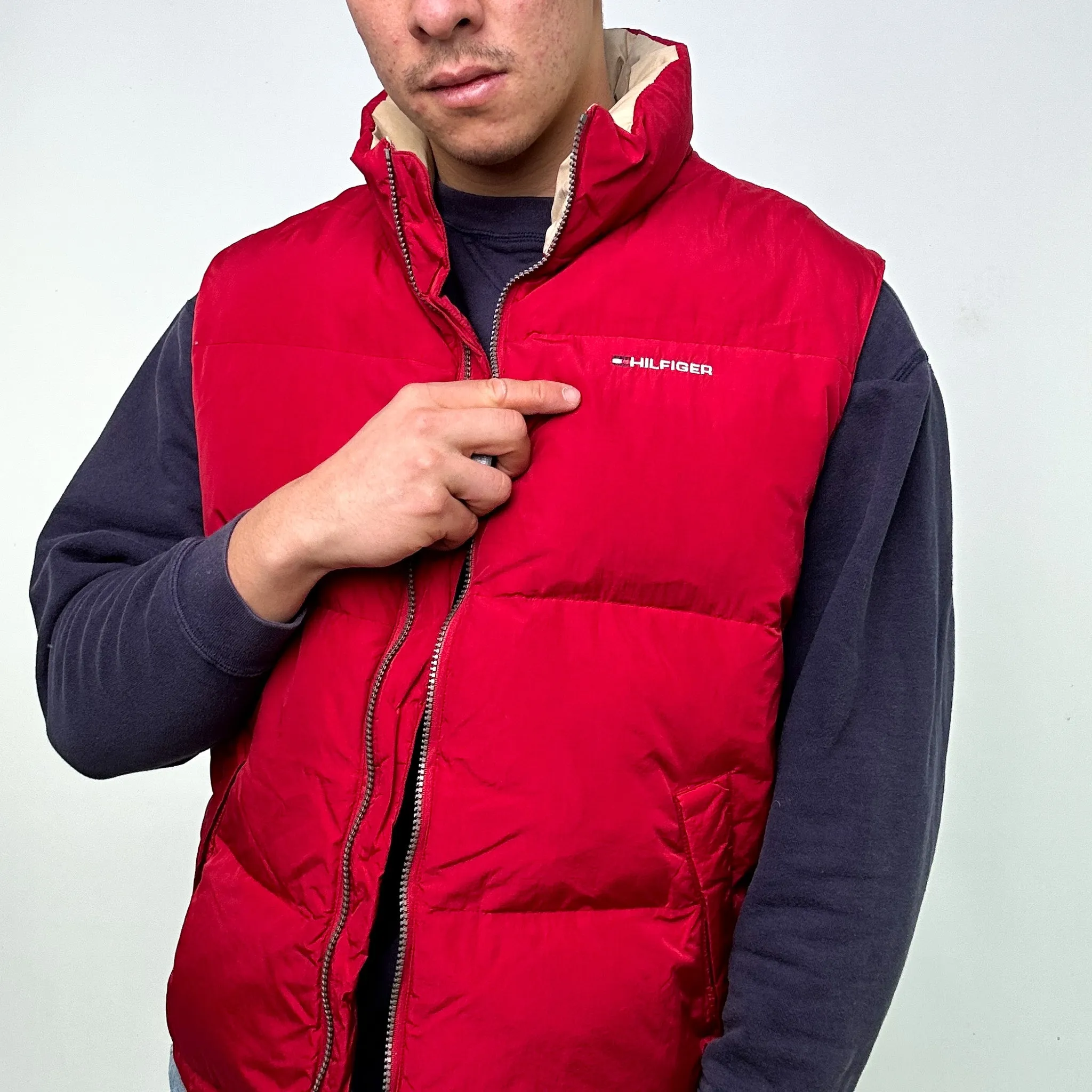 Red 90s Tommy Hilfiger Puffer Jacket Coat Gilet (L)