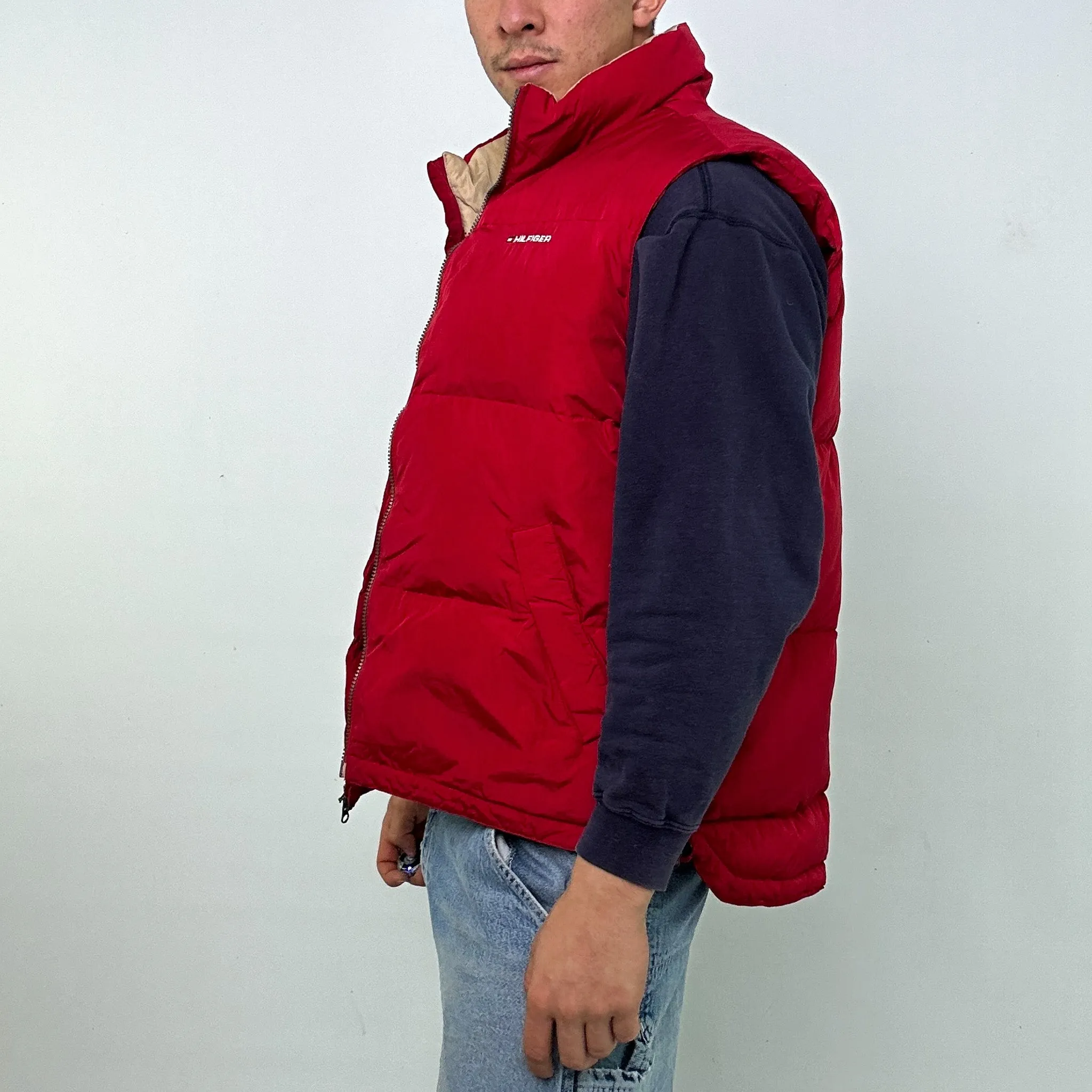 Red 90s Tommy Hilfiger Puffer Jacket Coat Gilet (L)