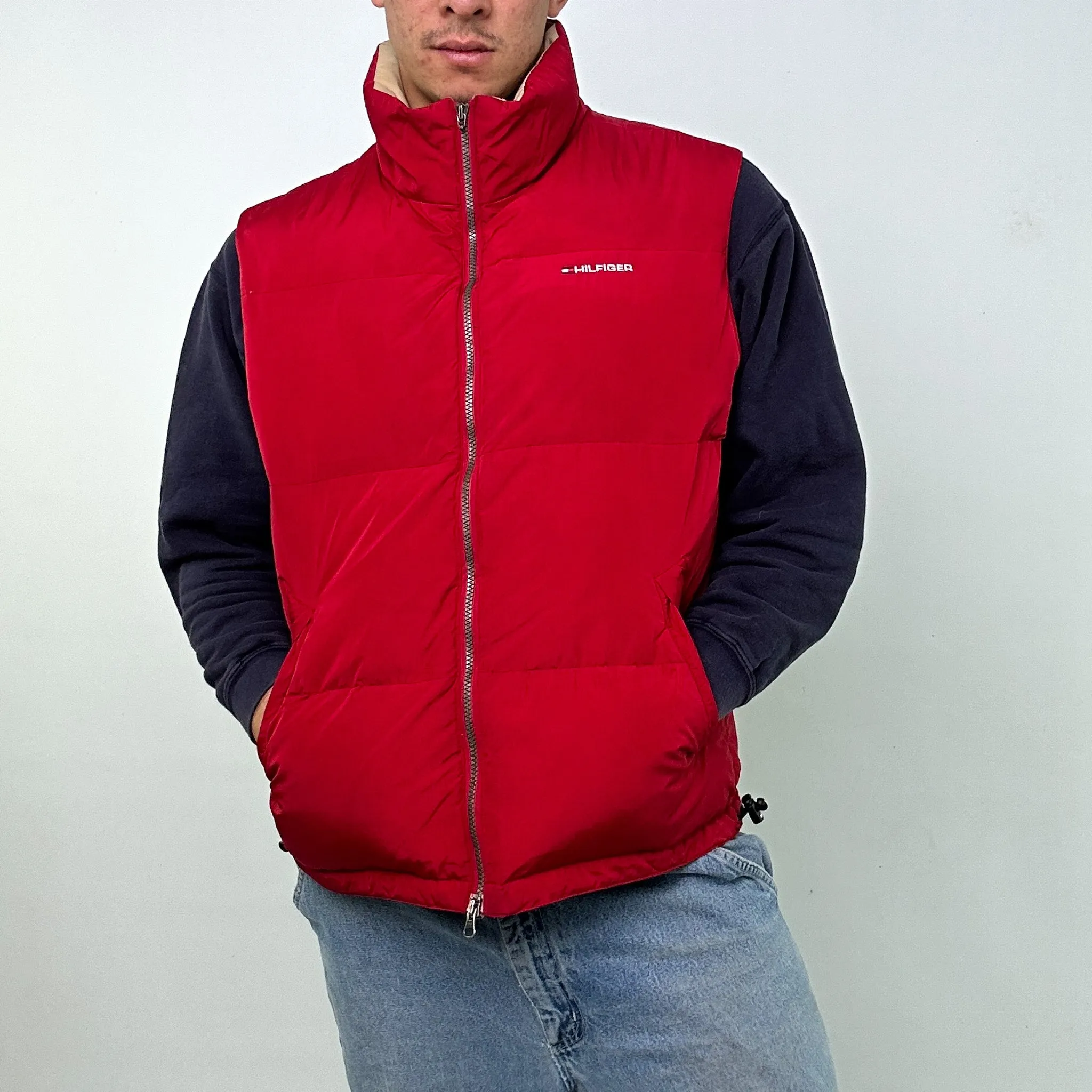 Red 90s Tommy Hilfiger Puffer Jacket Coat Gilet (L)