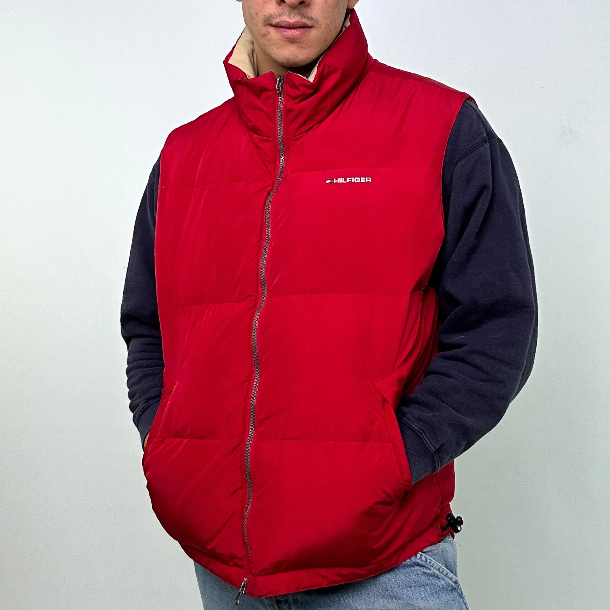 Red 90s Tommy Hilfiger Puffer Jacket Coat Gilet (L)