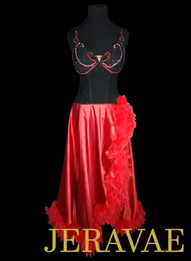 Red and Black Corset Ballroom Dress with Feathers and Slit Skirt SMO050 sz Medium