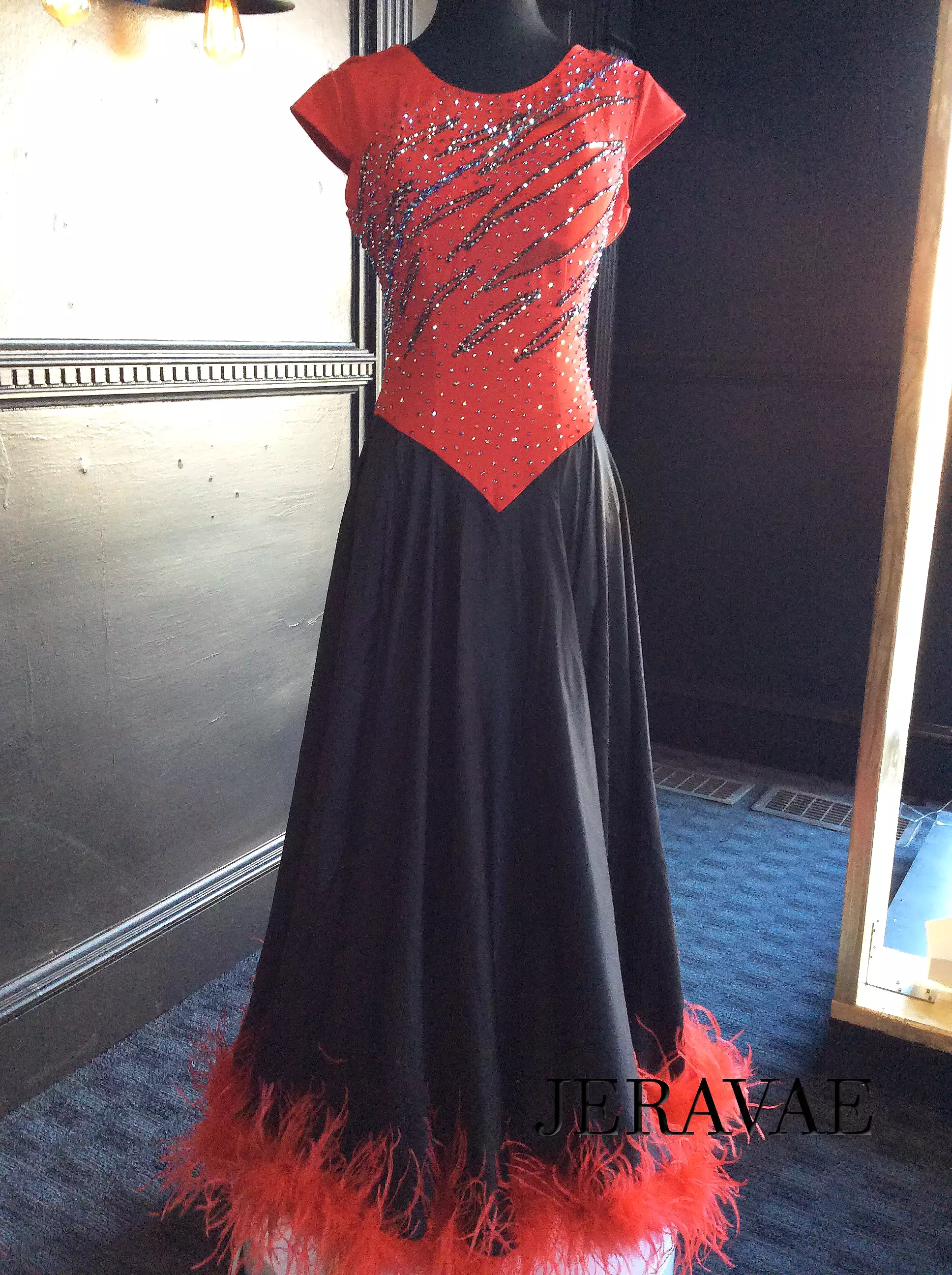 Red and Black Fire Ballroom Dress with Satin Skirt and Red Ostrich Boa On Hem Smo104 SZ M