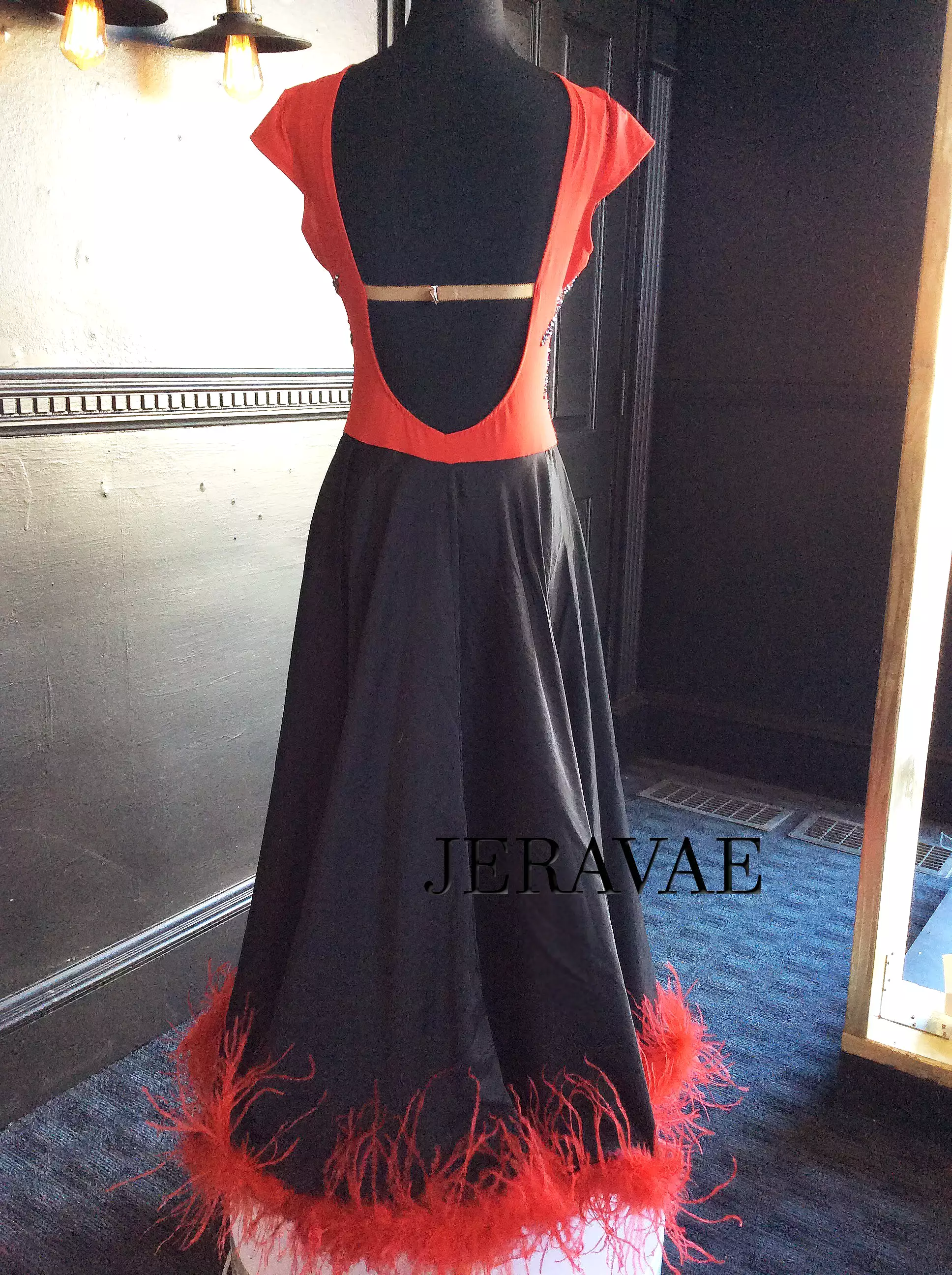 Red and Black Fire Ballroom Dress with Satin Skirt and Red Ostrich Boa On Hem Smo104 SZ M