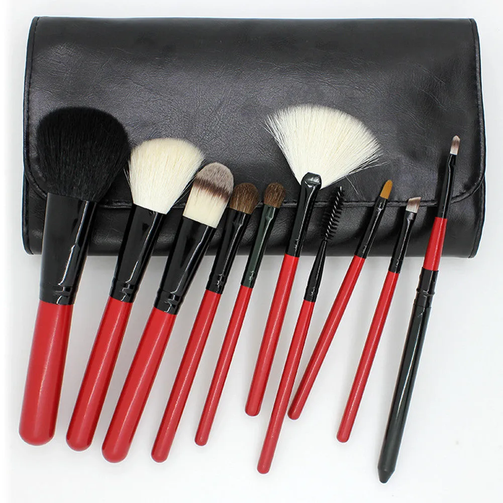 Red Black 10pcs Makeup Brushes Cosmetic Powder Eye Shadow Brush St Make Up Brush Tool Leather Case