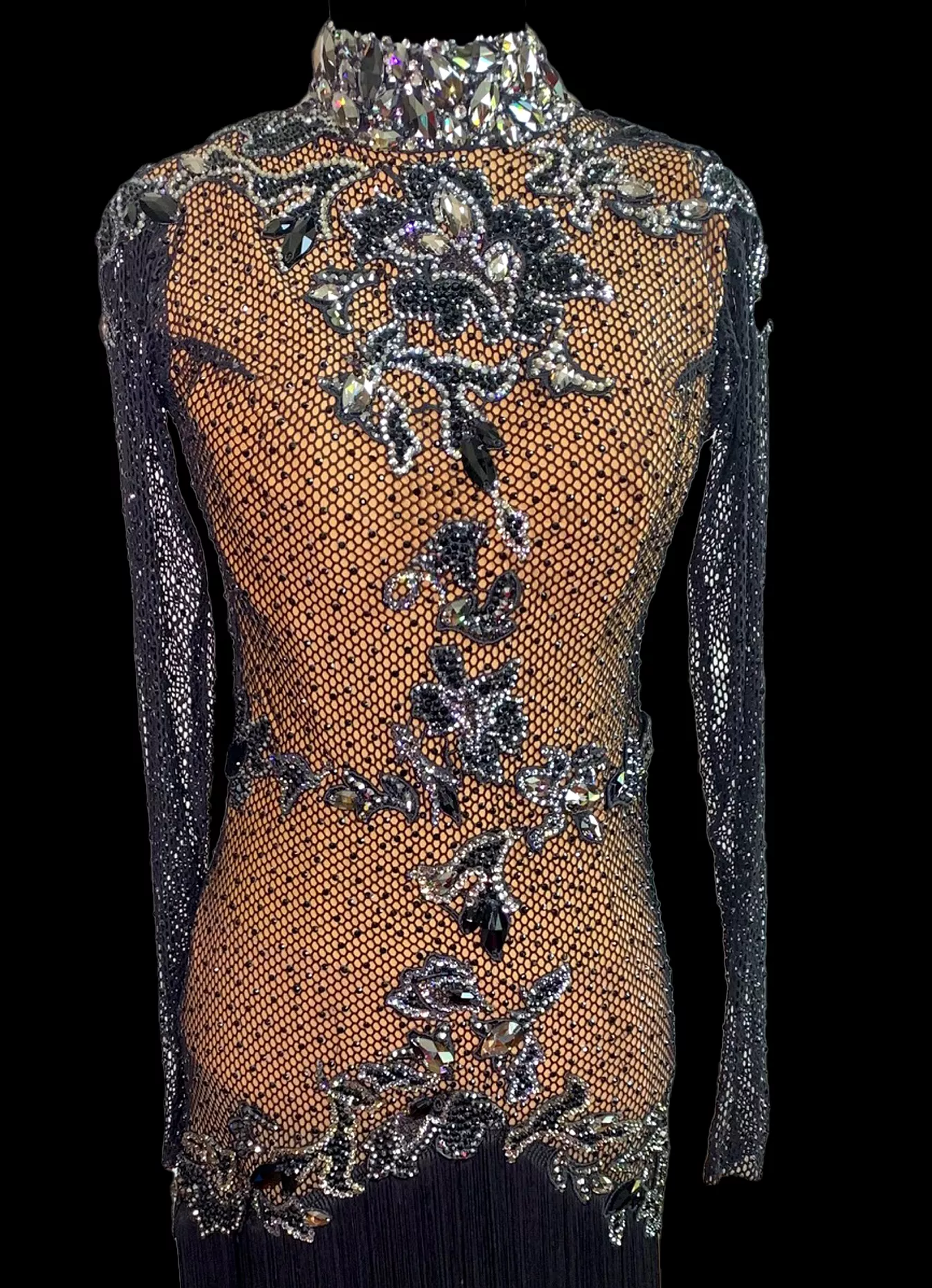 Resale Artistry in Motion Black Fishnet Latin Dress with Tan Bodysuit, Black Lace Appliqué, High Collar, Swarovski Stones, Long 