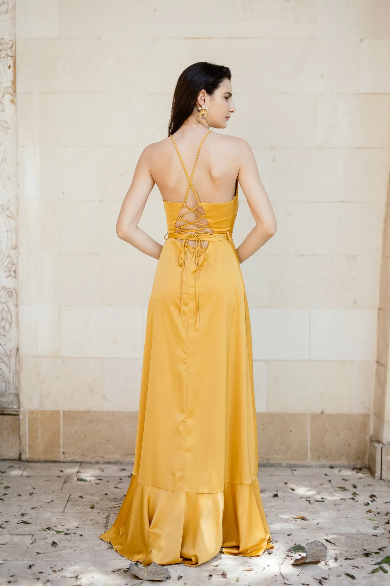 Ruffled backless dress with slit in Mustard