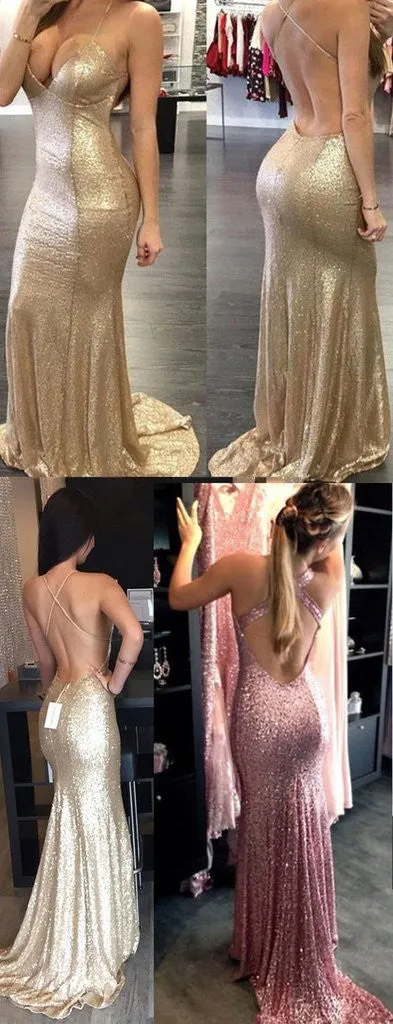 Sexy Backless Prom Dress Gold Sequin Formal Dress