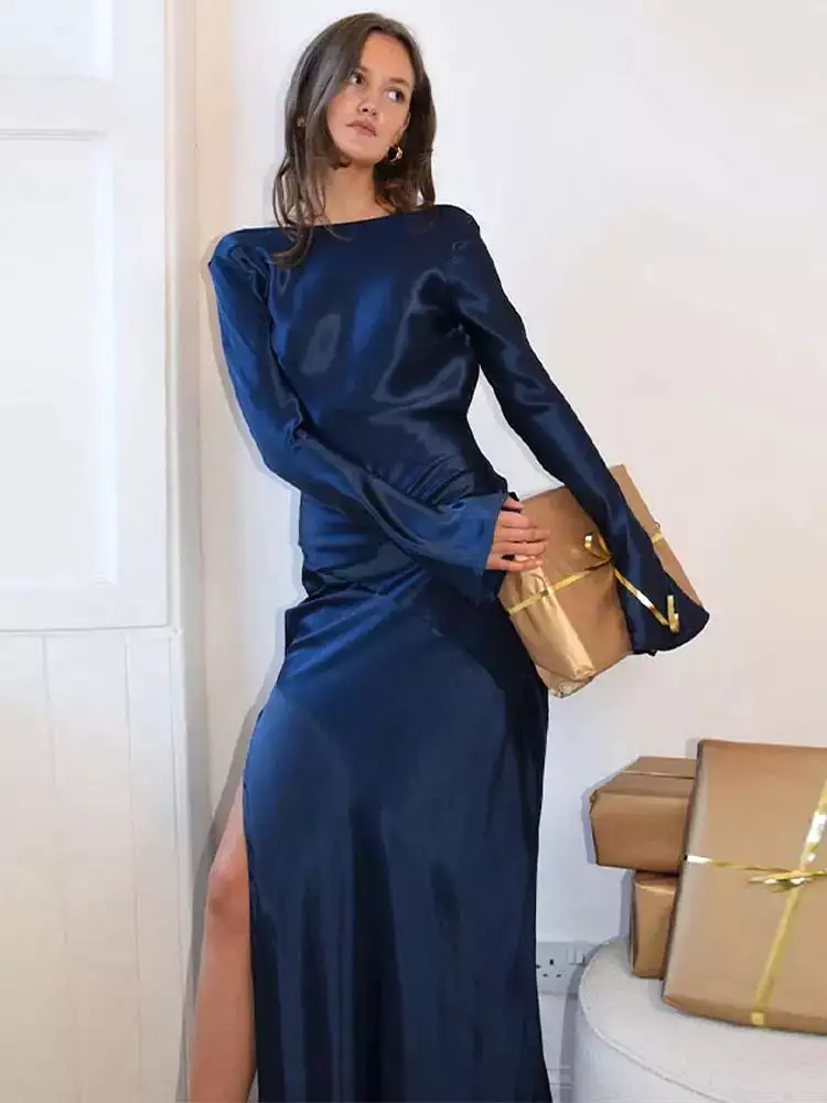 Sexy Satin Backless Strapless Satin High Split Autumn Dress Women Flare Long Sleeve Long Dress Ladies Elegant Slim Party Dresses