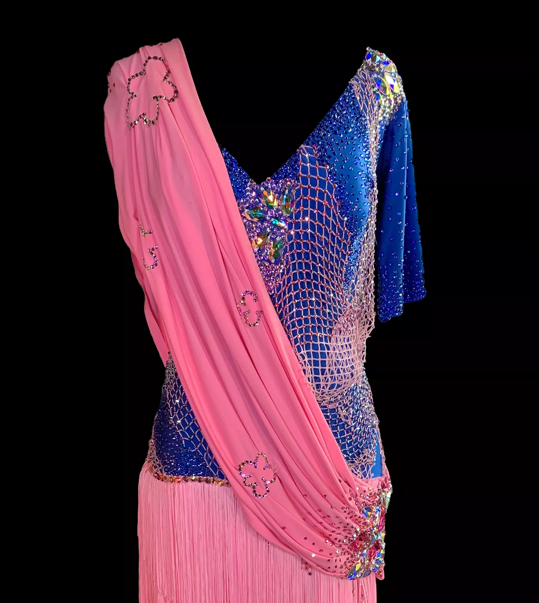 Single Sleeve Blue Latin Dress with Pink Sash, Swarovski Stones, V-Neckline, Fishnet, and Layers of Pink Fringe on Skirt Sz L/XL