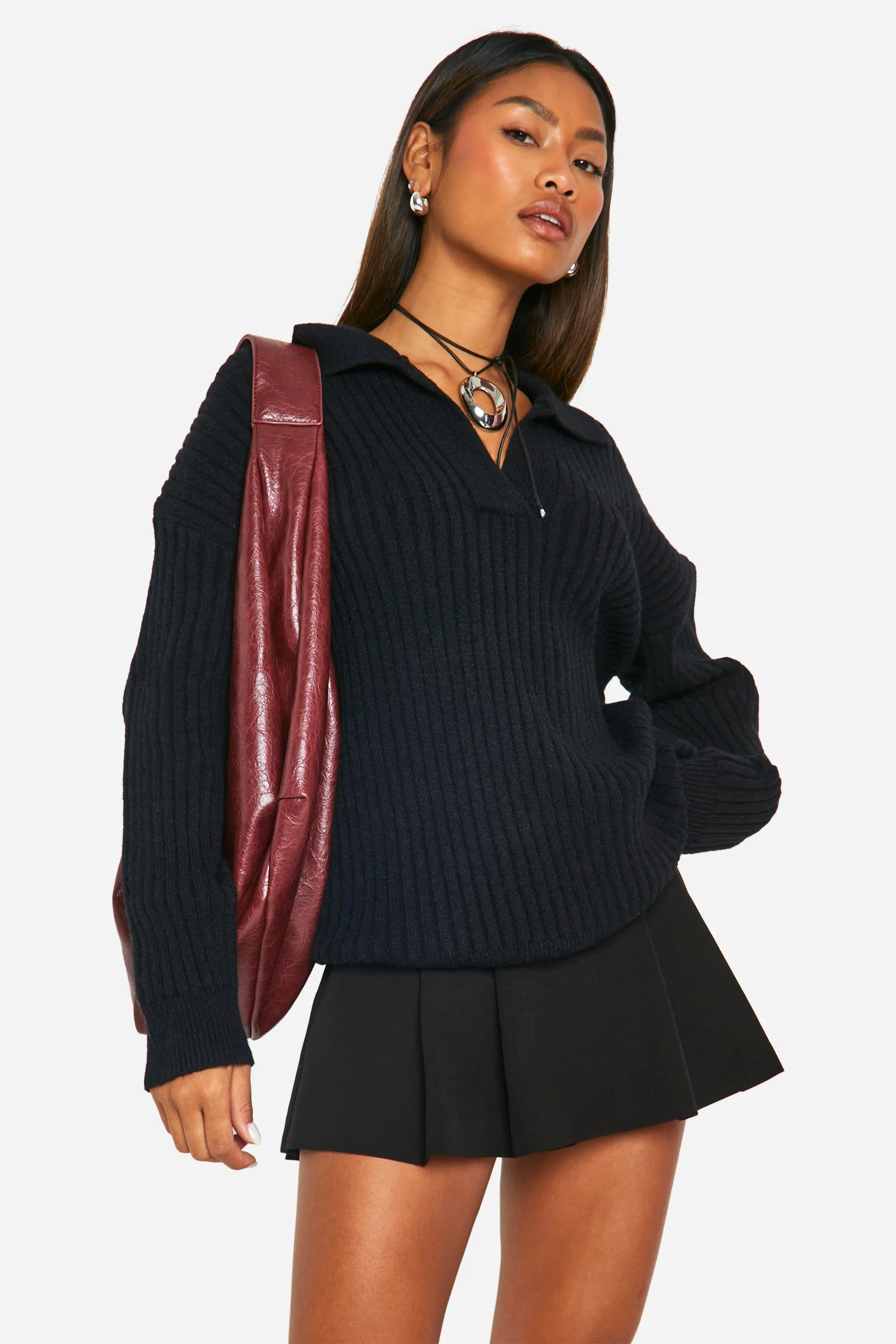 Soft Wide Rib Knit Collared Sweater