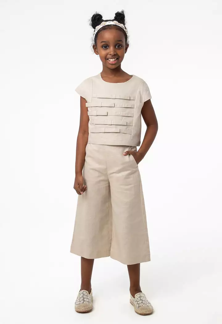 Solid Ribbon Details Cropped Blouse And Pants Set