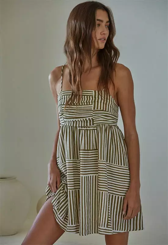 Striped Tube Flare Dress - Olive Ivory