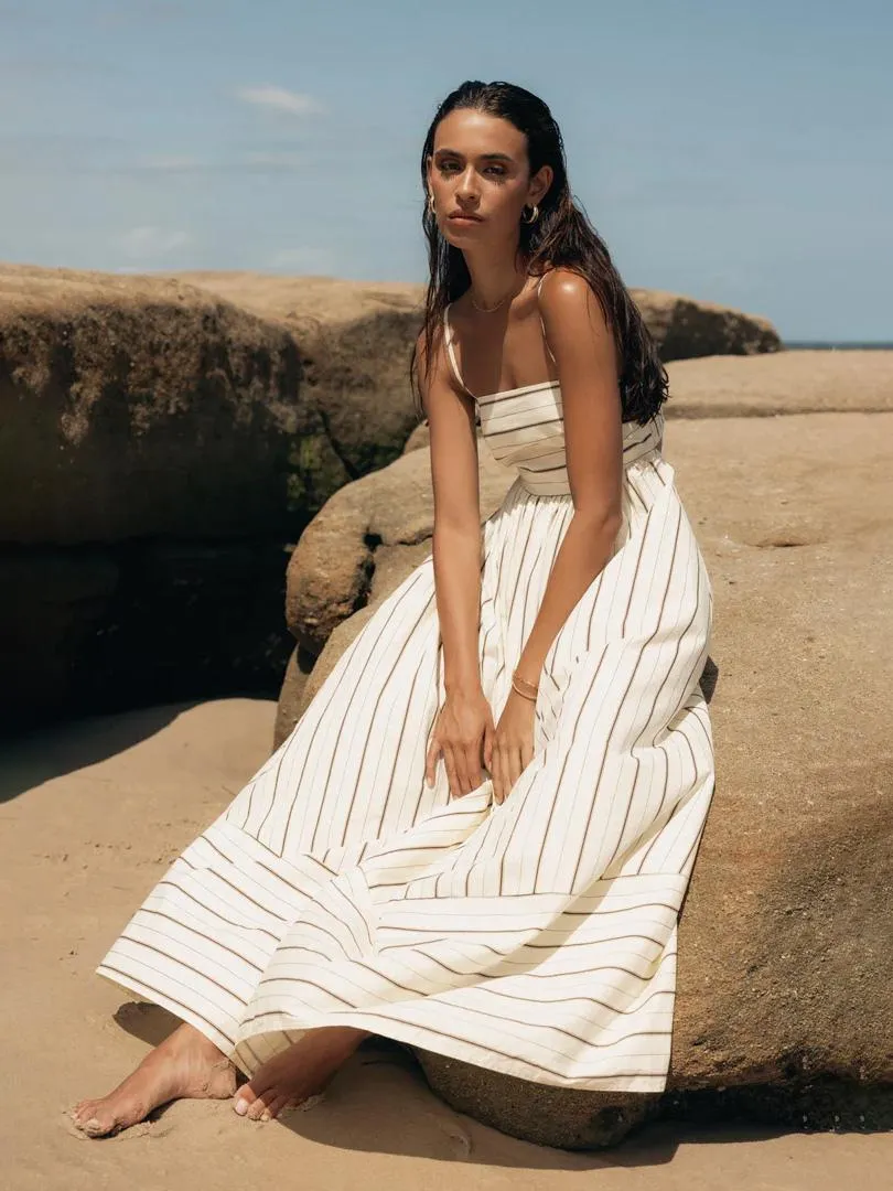 Summer Dress Straps Neck Stripes Cut Out Backless Apricot Long Beach Dress