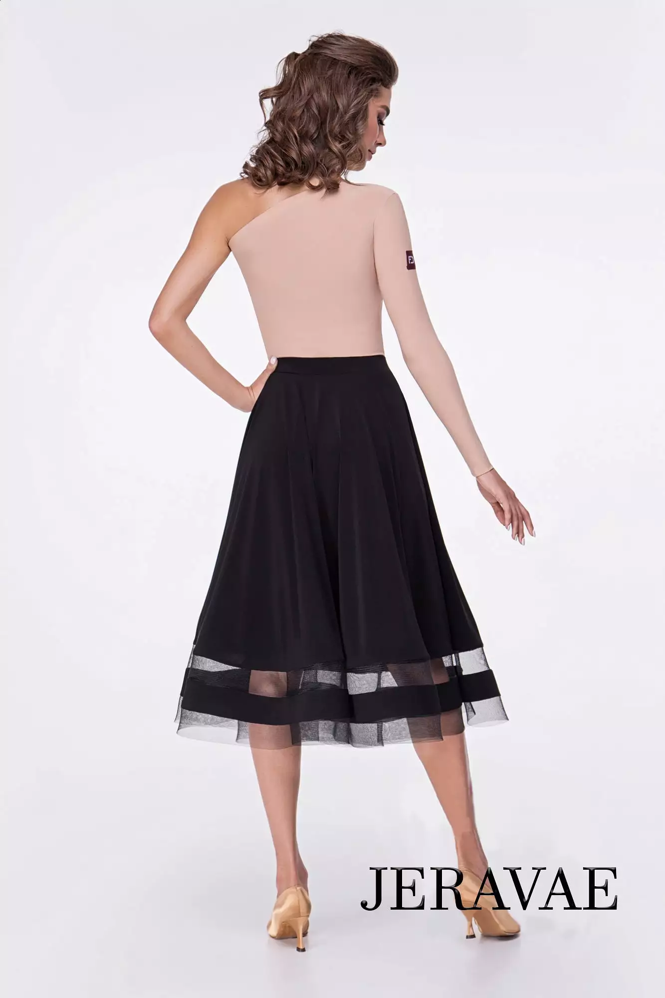 Tea Length Ballroom Or Standard Practice Skirt with Exposed Horsehair Hem and Striped Cut Out Detail Pra551