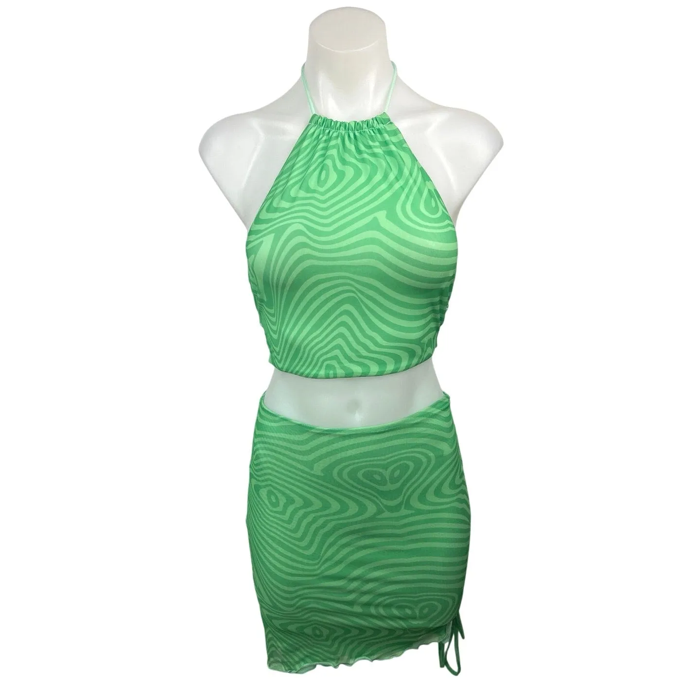 Tiger Mist Green Swirl Print Halter Crop Tank Top & Pencil Mini Skirt Set XXS/XS