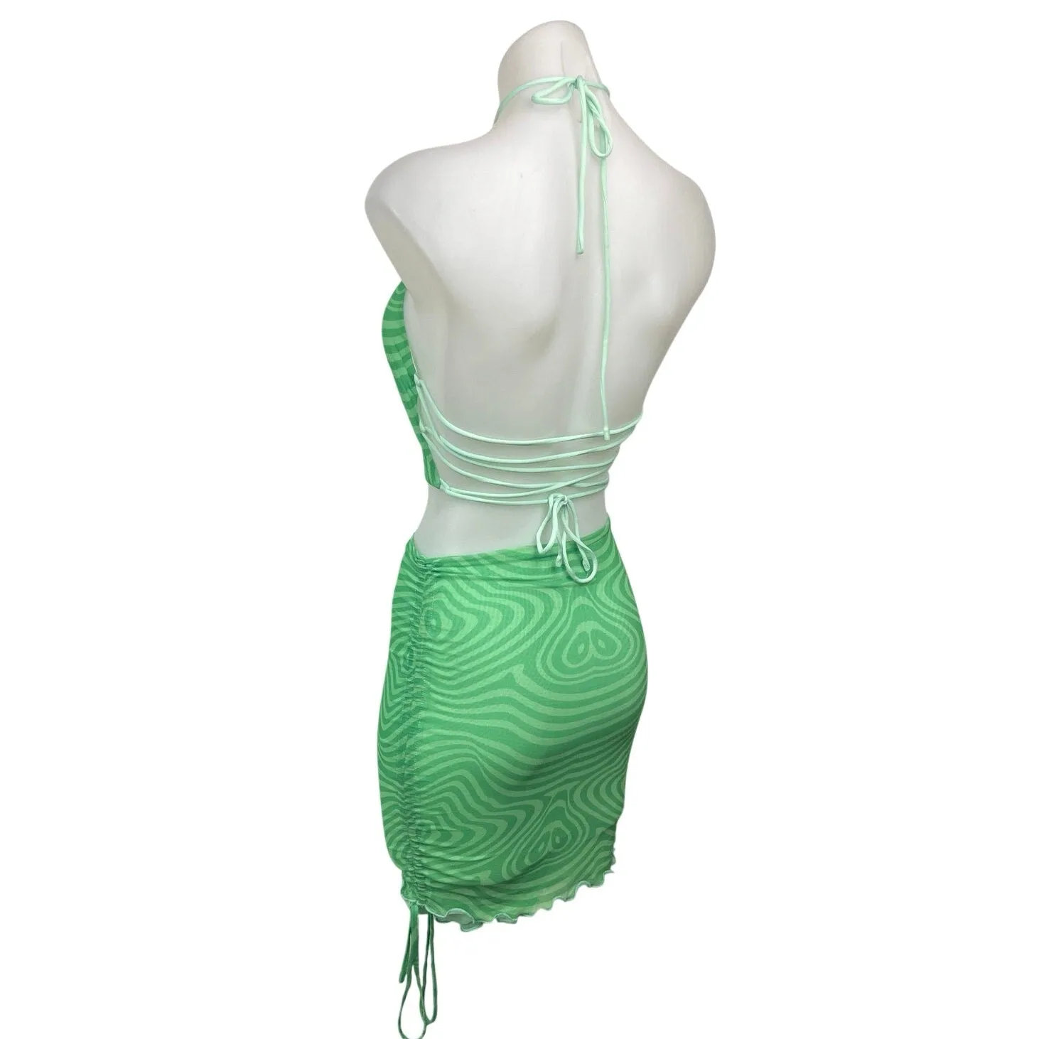 Tiger Mist Green Swirl Print Halter Crop Tank Top & Pencil Mini Skirt Set XXS/XS