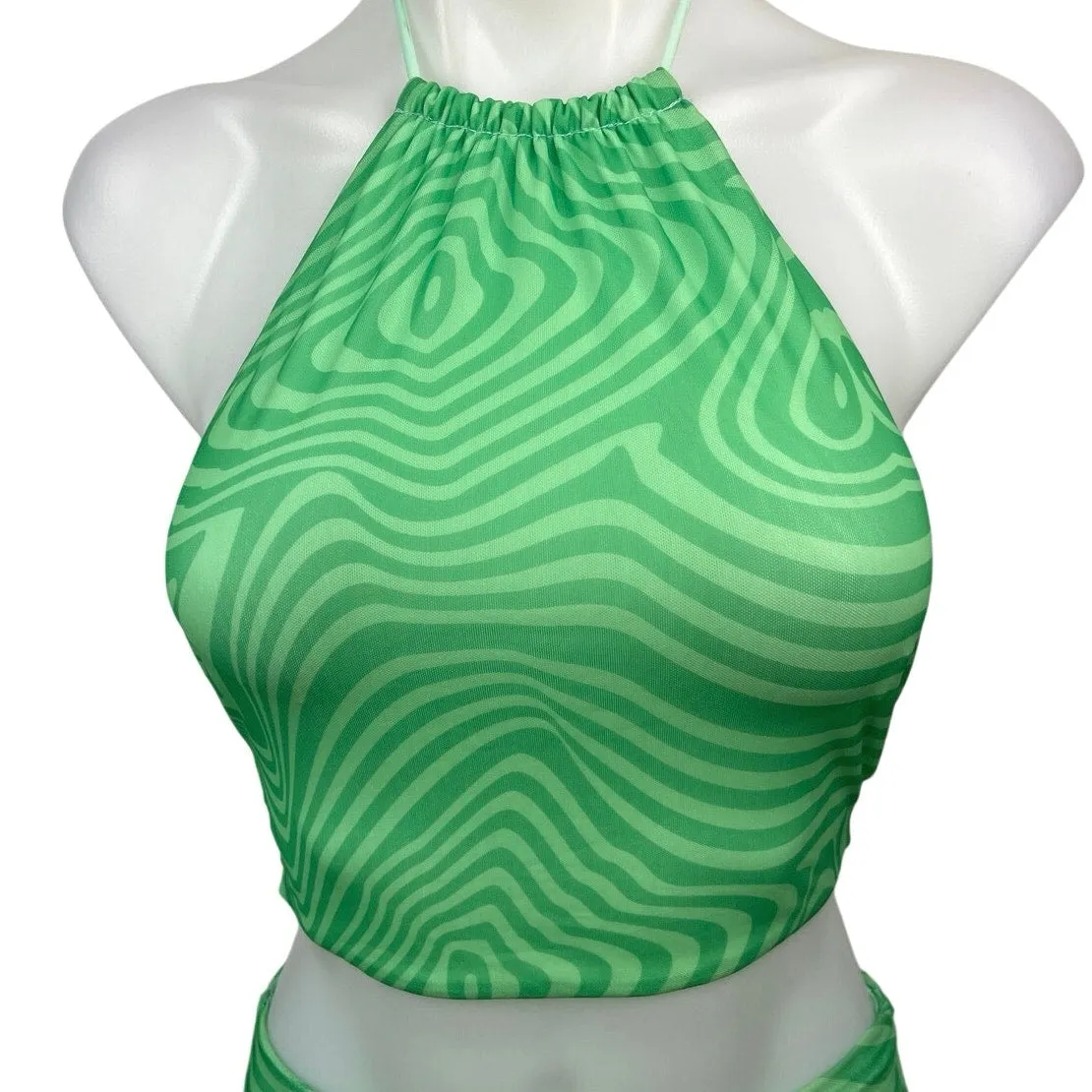 Tiger Mist Green Swirl Print Halter Crop Tank Top & Pencil Mini Skirt Set XXS/XS