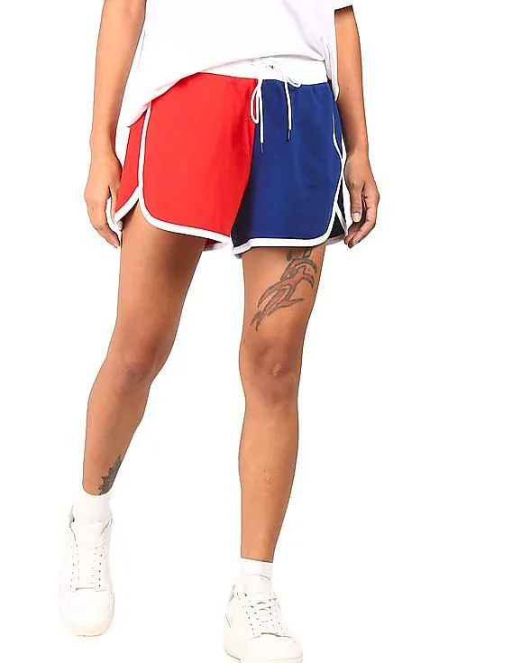 Tommy Hilfiger Women Red And Navy Colour Block Gym Shorts