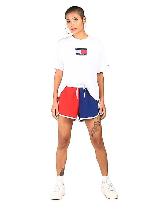 Tommy Hilfiger Women Red And Navy Colour Block Gym Shorts