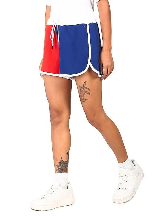 Tommy Hilfiger Women Red And Navy Colour Block Gym Shorts