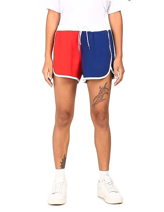 Tommy Hilfiger Women Red And Navy Colour Block Gym Shorts