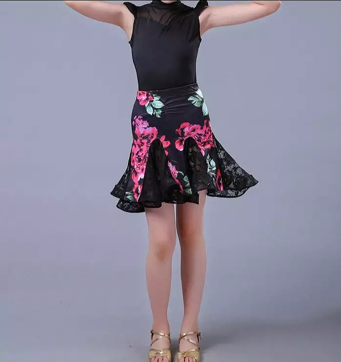 Two Piece Youth Floral Latin Practice Skirt with Lace Gussets and Bodysuit Top with Ruffle Sleeves and Mesh Inserts You001