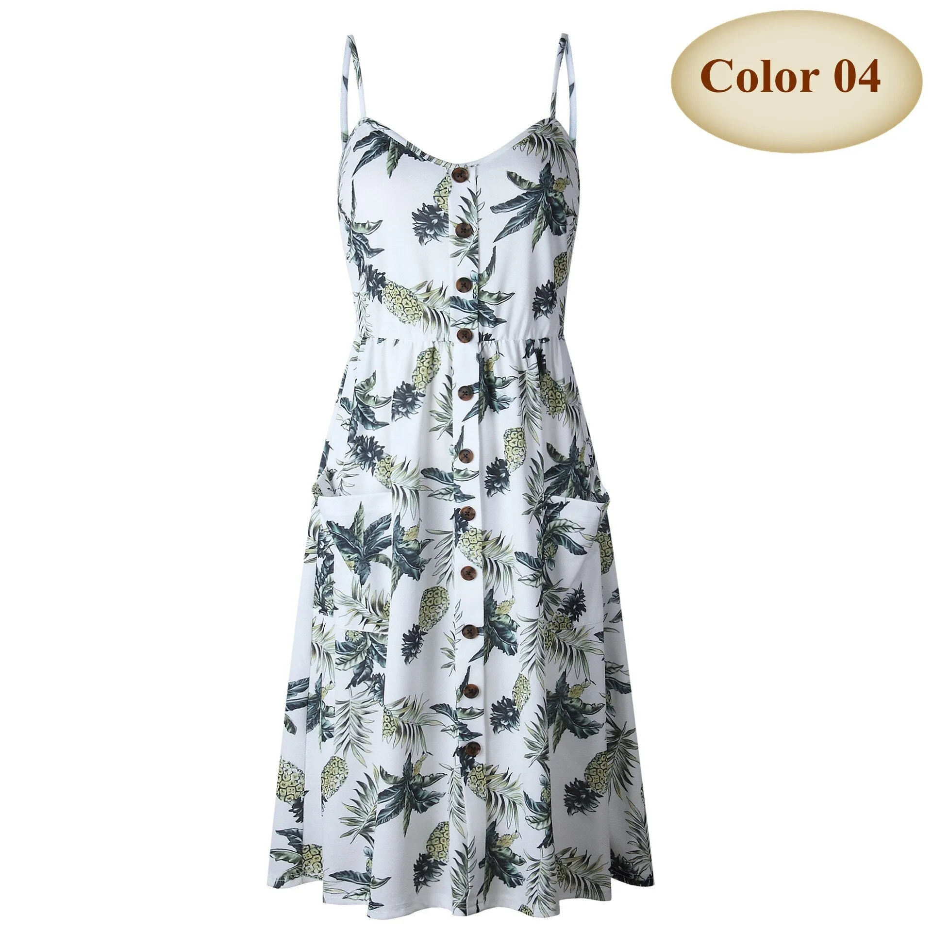 V Neck Backless Floral Women White Boho Striped Button Sunflower Daisy Pineapple Midi Dress