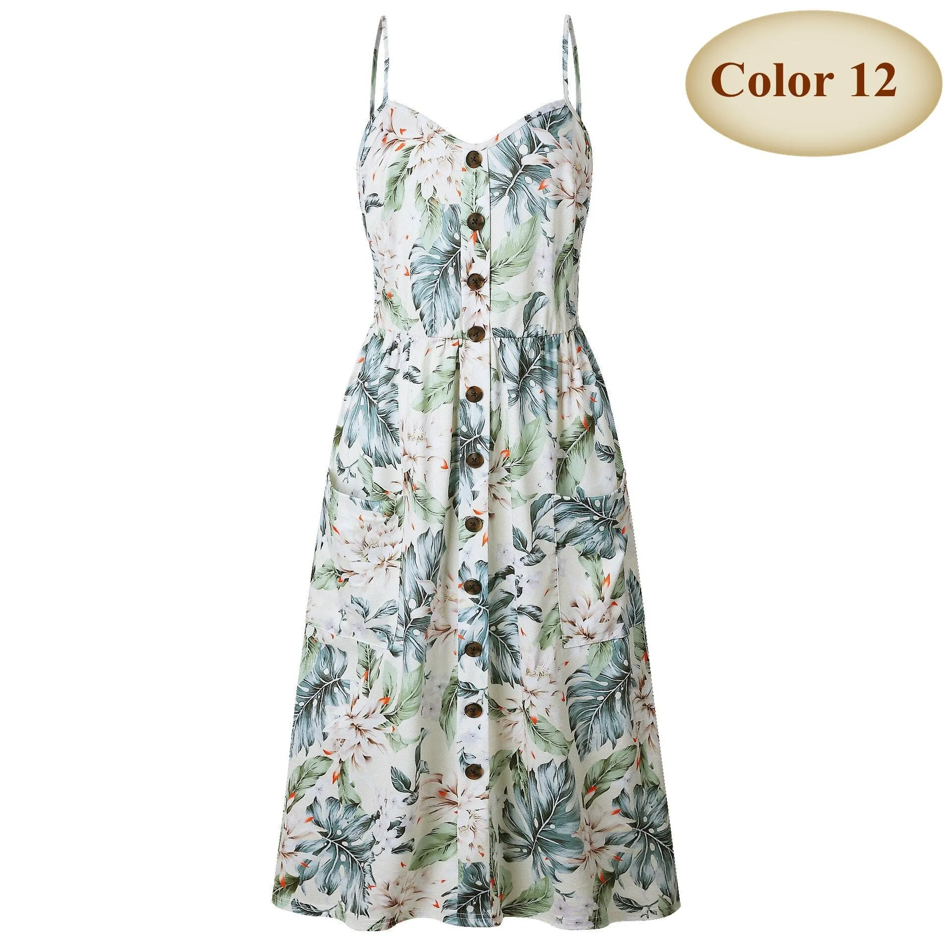 V Neck Backless Floral Women White Boho Striped Button Sunflower Daisy Pineapple Midi Dress