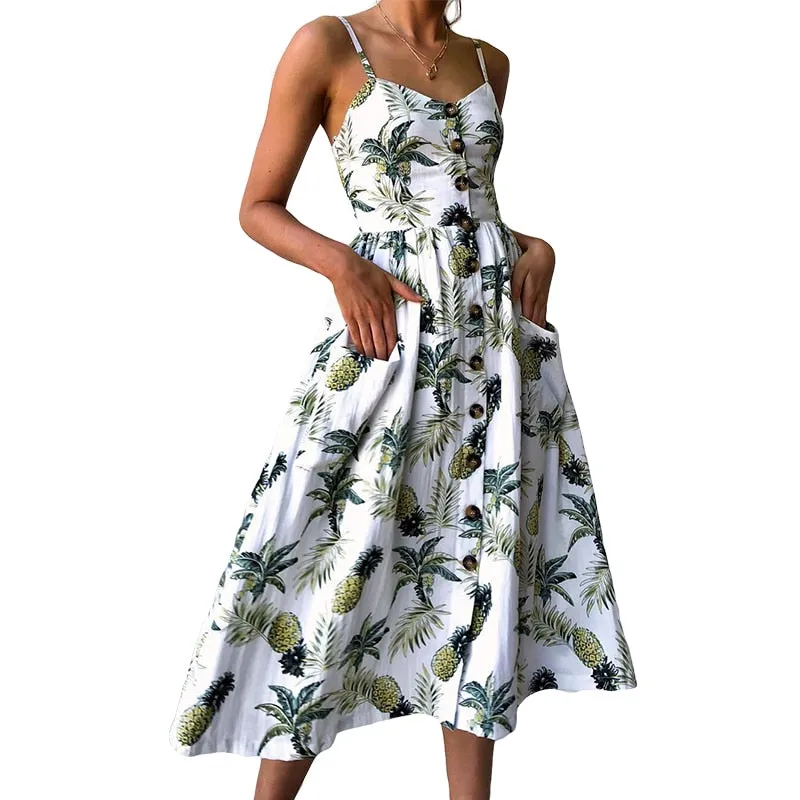 V Neck Backless Floral Women White Boho Striped Button Sunflower Daisy Pineapple Midi Dress