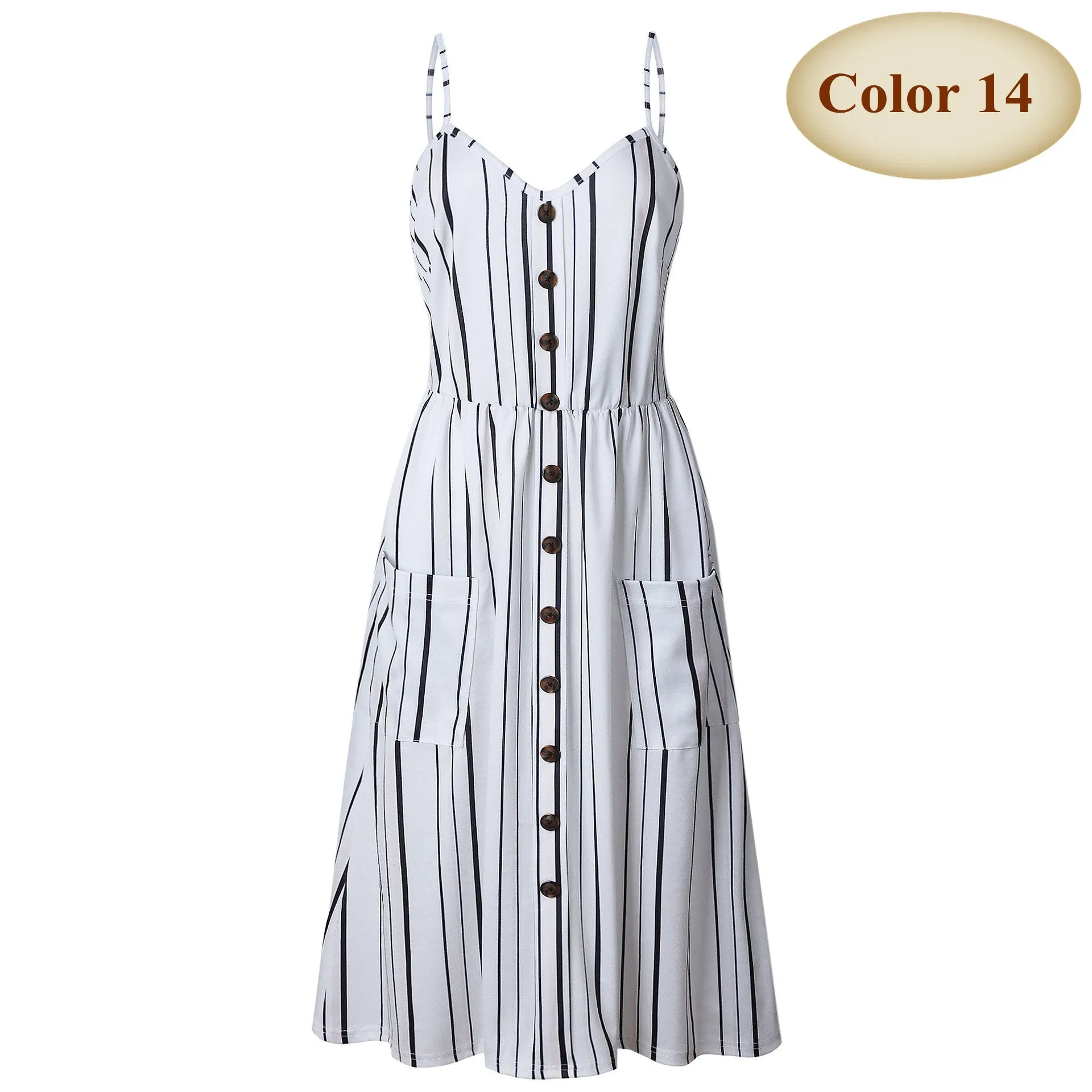 V Neck Backless Floral Women White Boho Striped Button Sunflower Daisy Pineapple Midi Dress