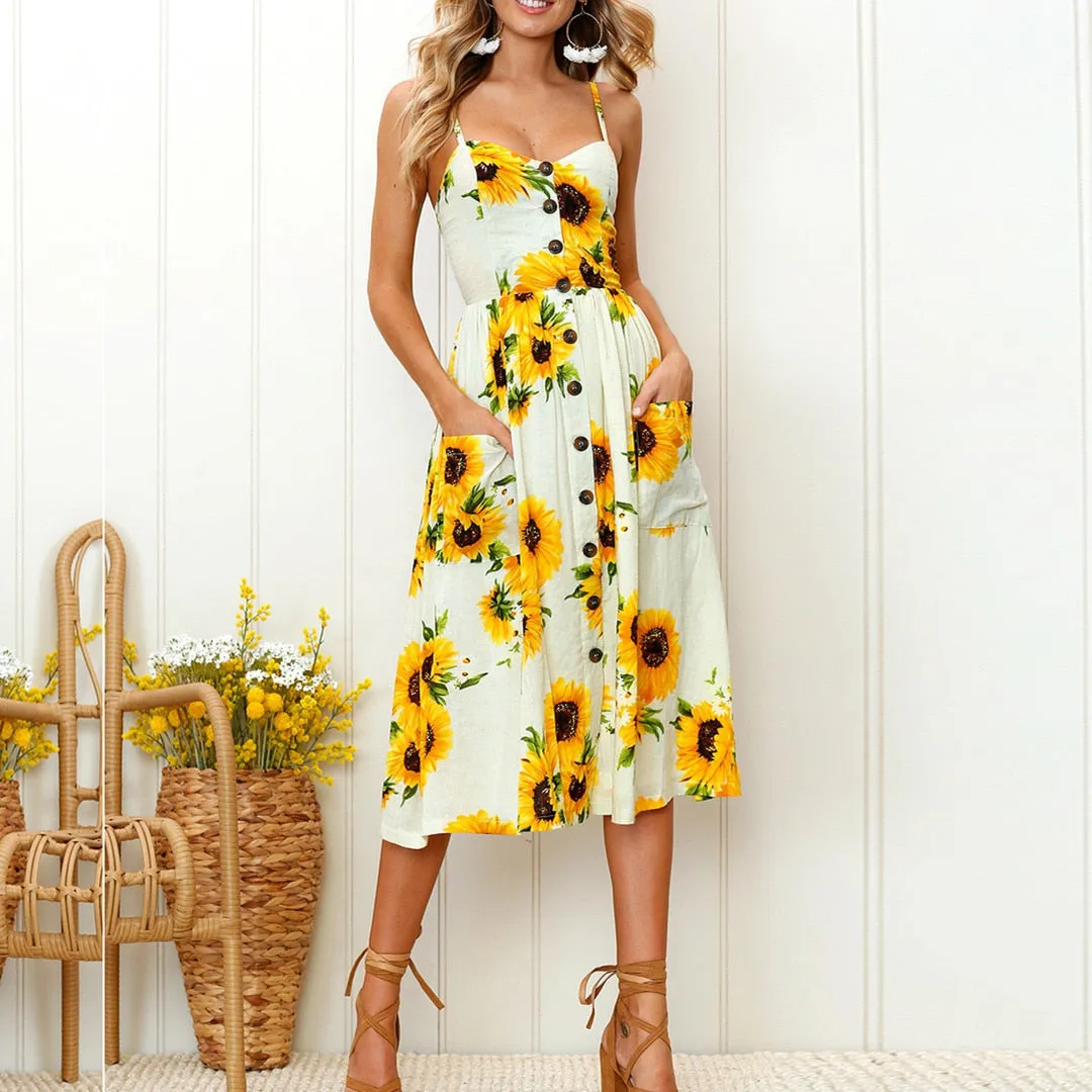 V Neck Backless Floral Women White Boho Striped Button Sunflower Daisy Pineapple Midi Dress