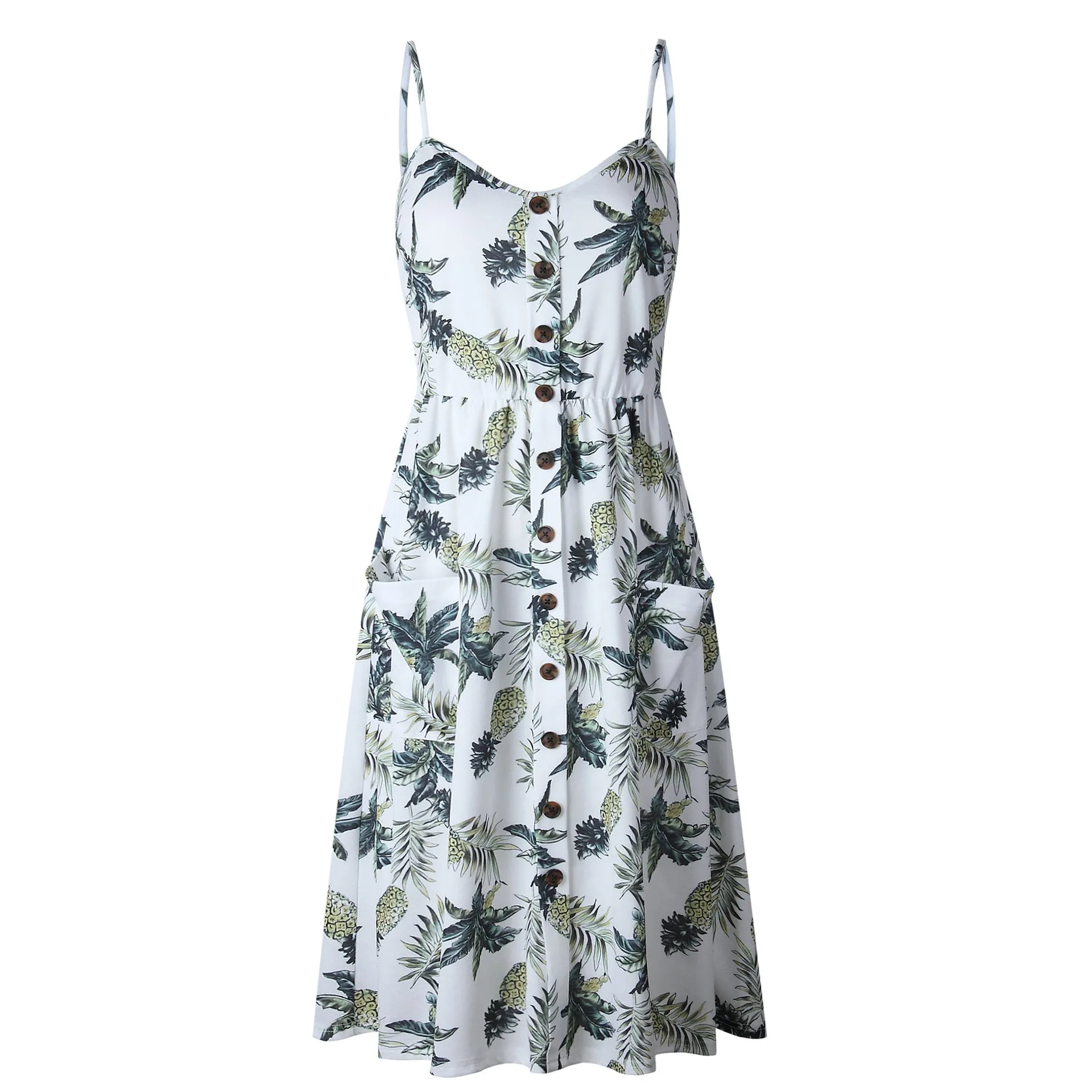 V Neck Backless Floral Women White Boho Striped Button Sunflower Daisy Pineapple Midi Dress