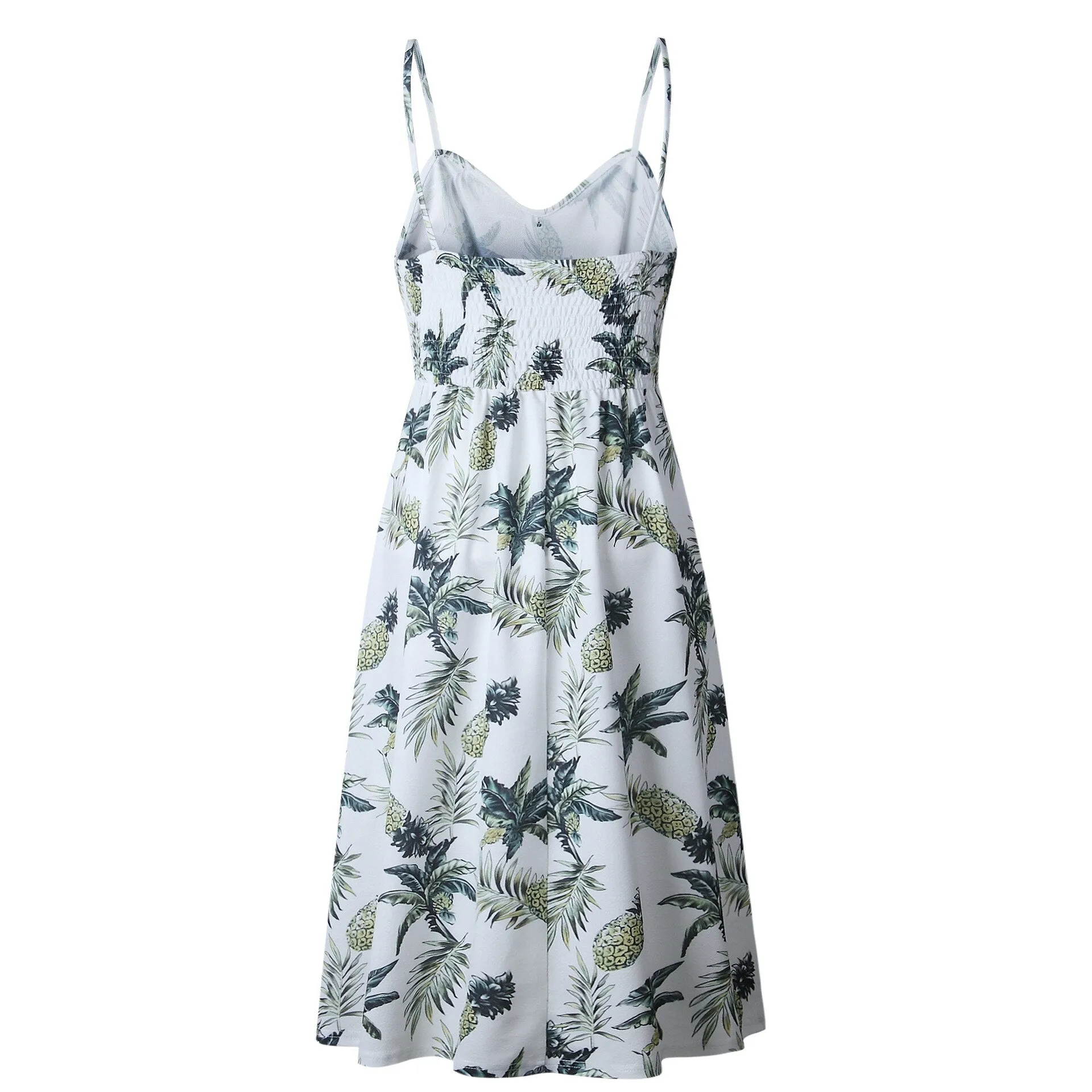 V Neck Backless Floral Women White Boho Striped Button Sunflower Daisy Pineapple Midi Dress