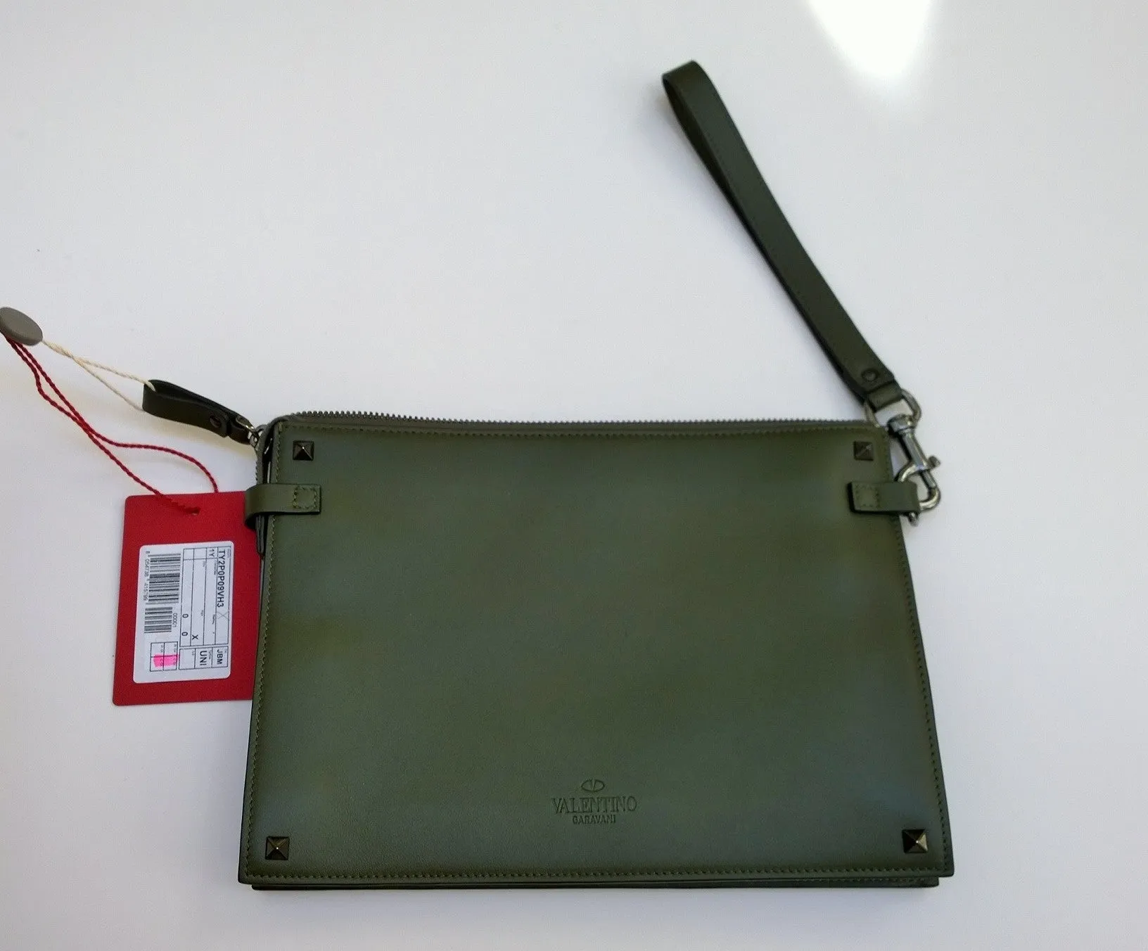 Valentino Garavani Men's Rockstud Clutch Bag in Army Green with Wrist Strap Pouch