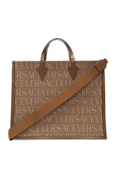 VERSACE Men's Beige Canvas and Leather Shopping Handbag for FW24