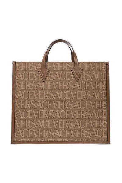 VERSACE Men's Beige Canvas and Leather Shopping Handbag for FW24