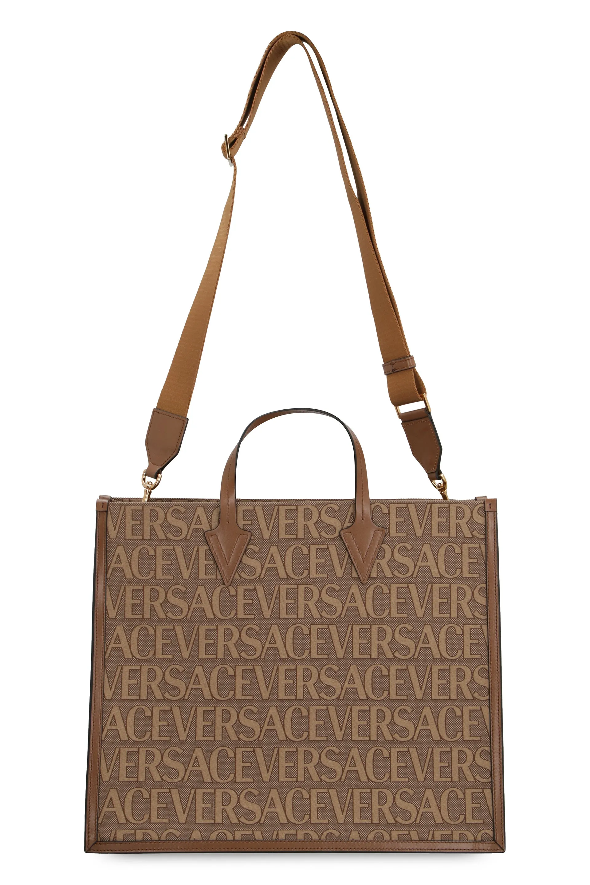 VERSACE Men's Beige Canvas and Leather Shopping Handbag for FW24