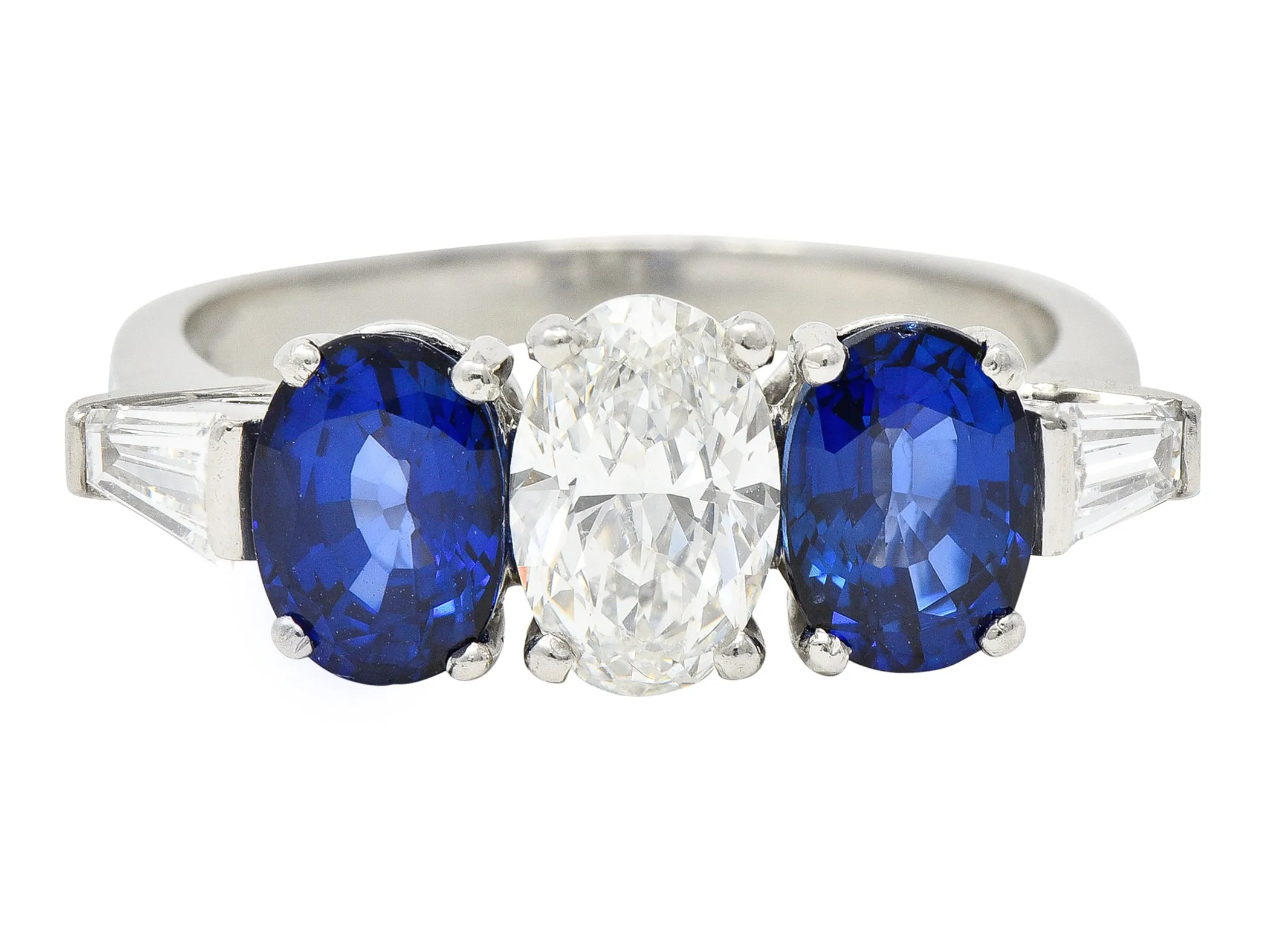 Vintage 3.12 CTW Oval Cut Sapphire Diamond Platinum Three Stone Ring