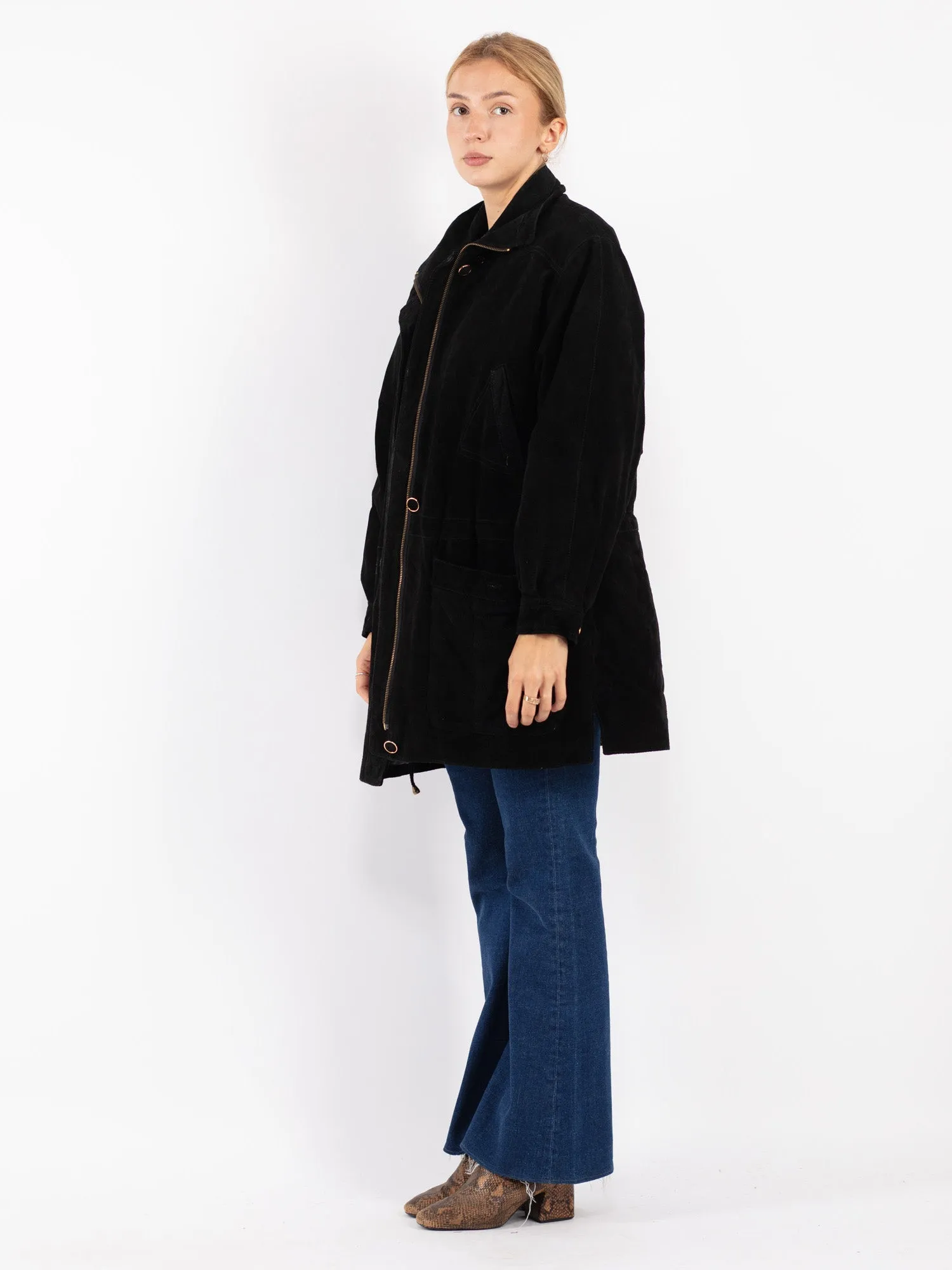 Vintage 90's Women Suede Coat in Black