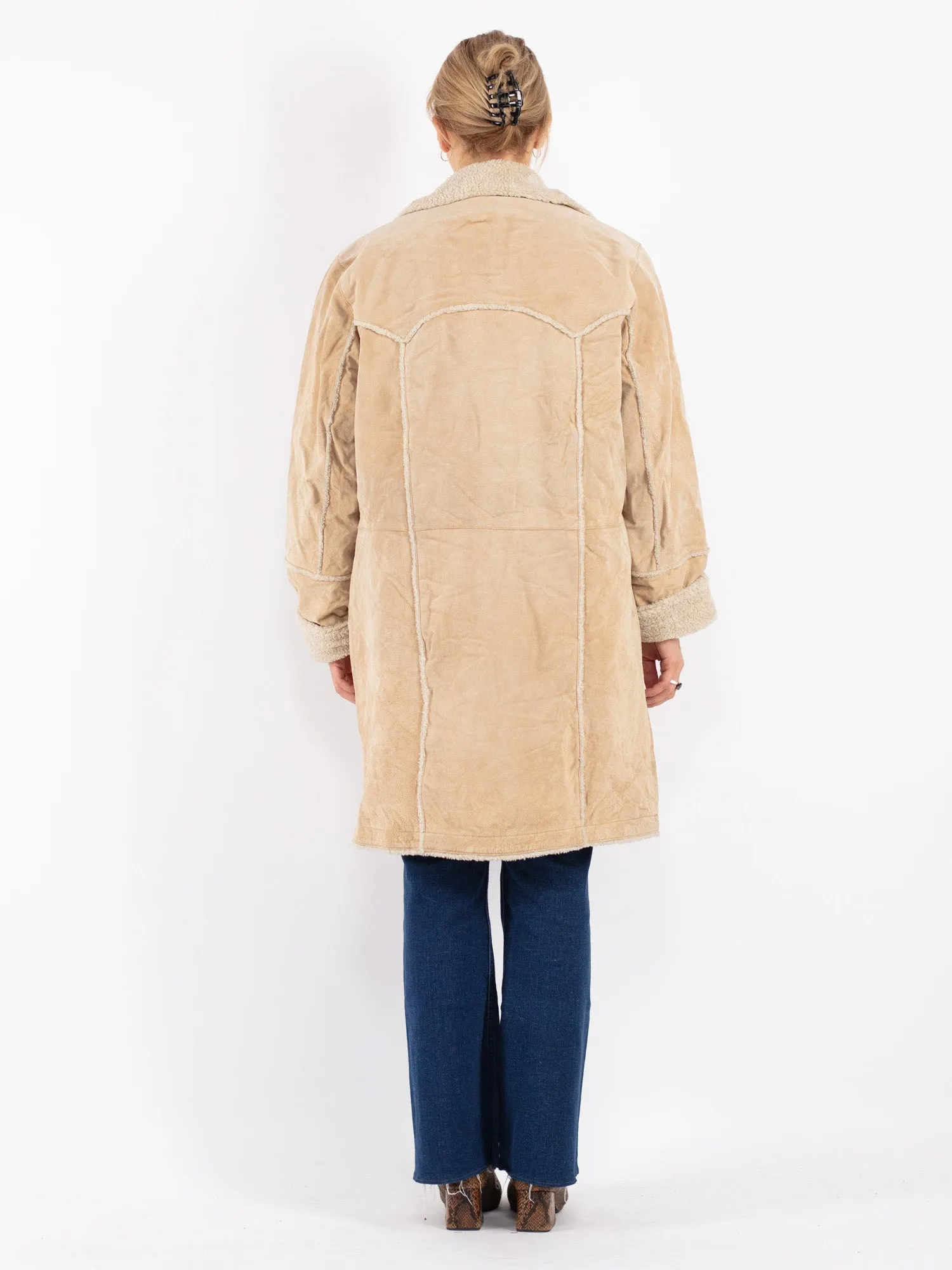 Vintage 90's Women Suede Sherpa Coat in Beige