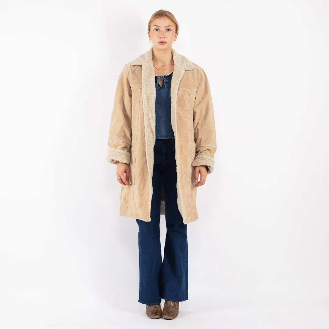 Vintage 90's Women Suede Sherpa Coat in Beige