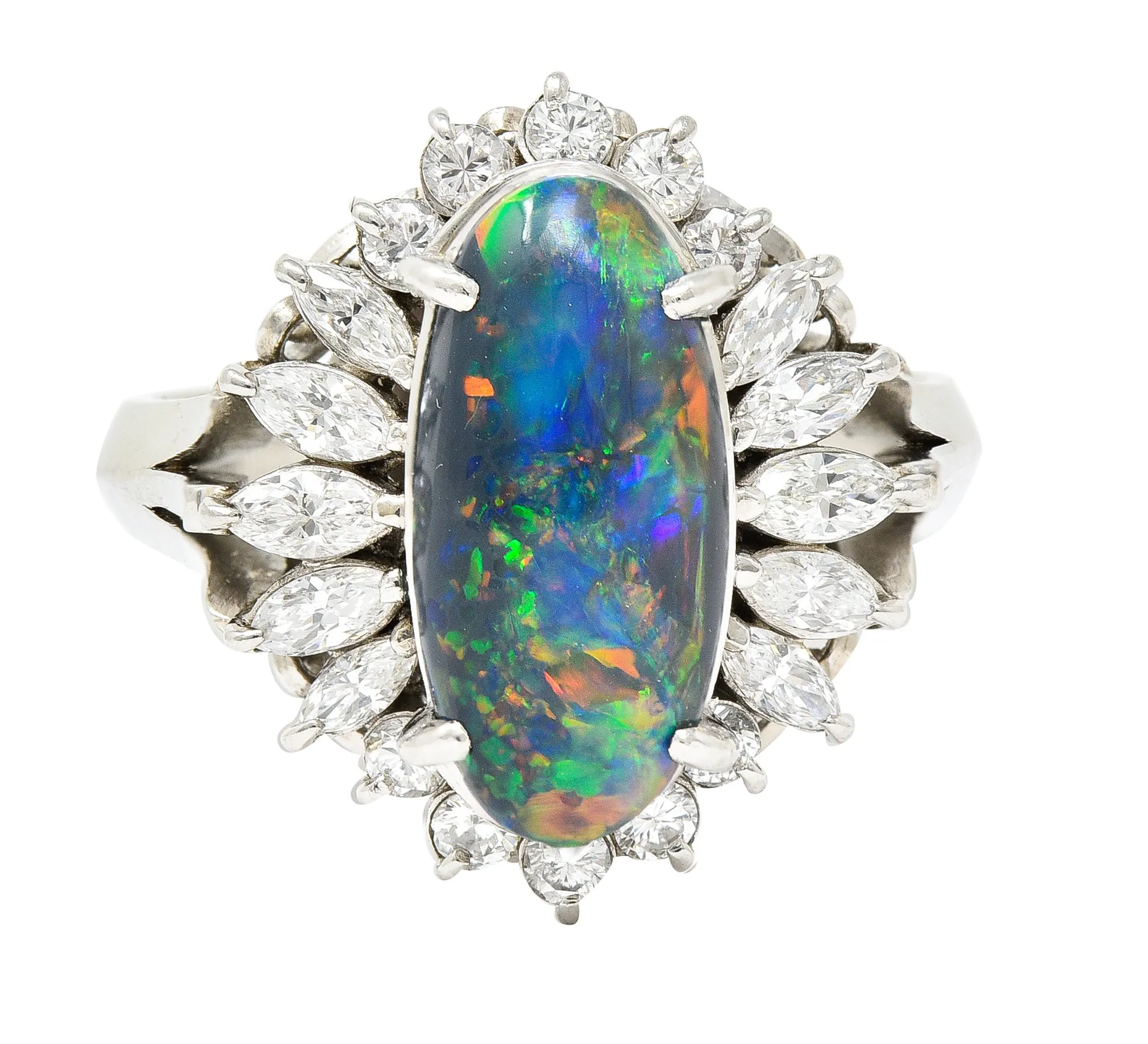 Vintage Black Opal Cabochon Marquise Cut Diamond Platinum Cluster Ring