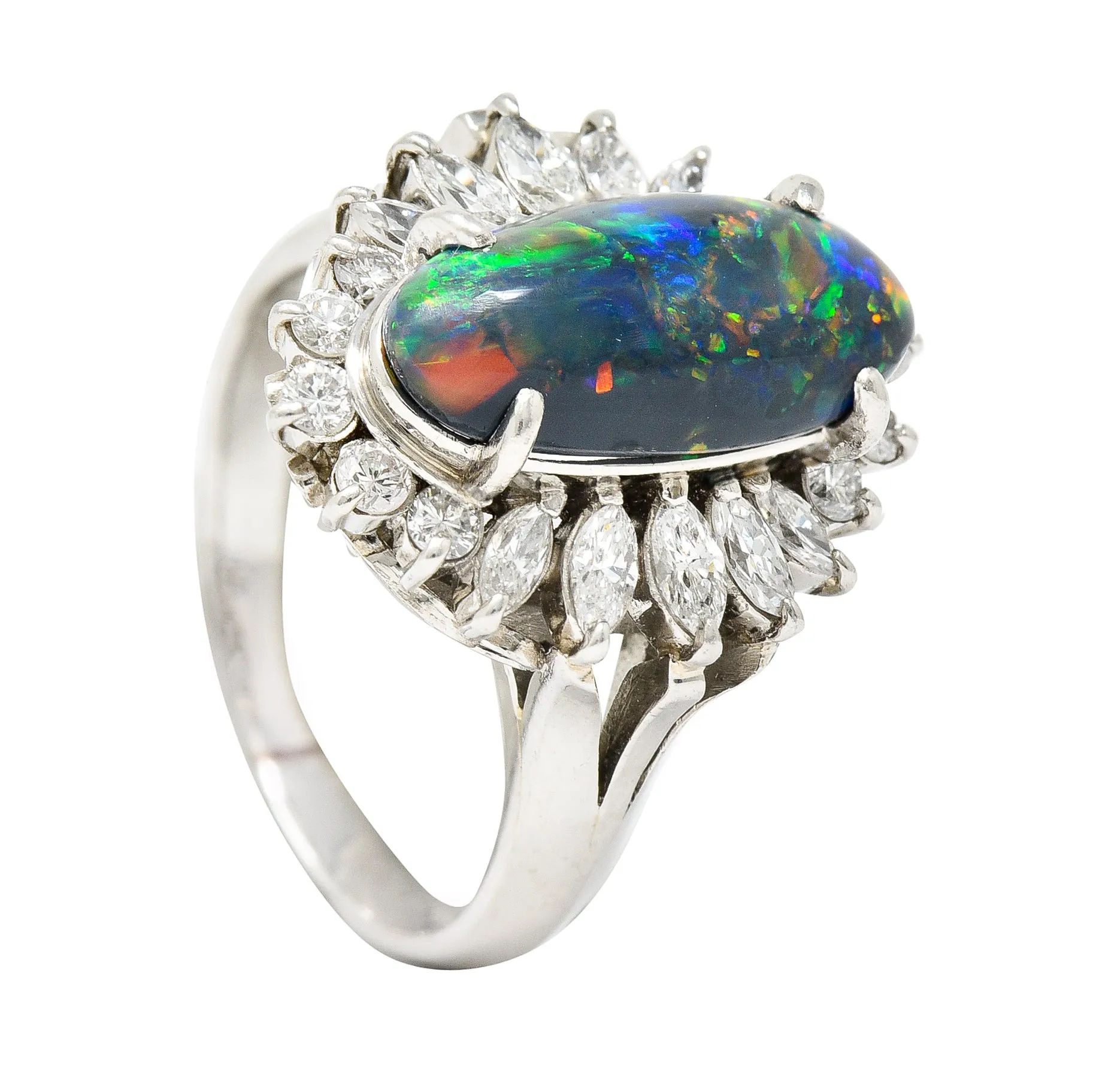 Vintage Black Opal Cabochon Marquise Cut Diamond Platinum Cluster Ring