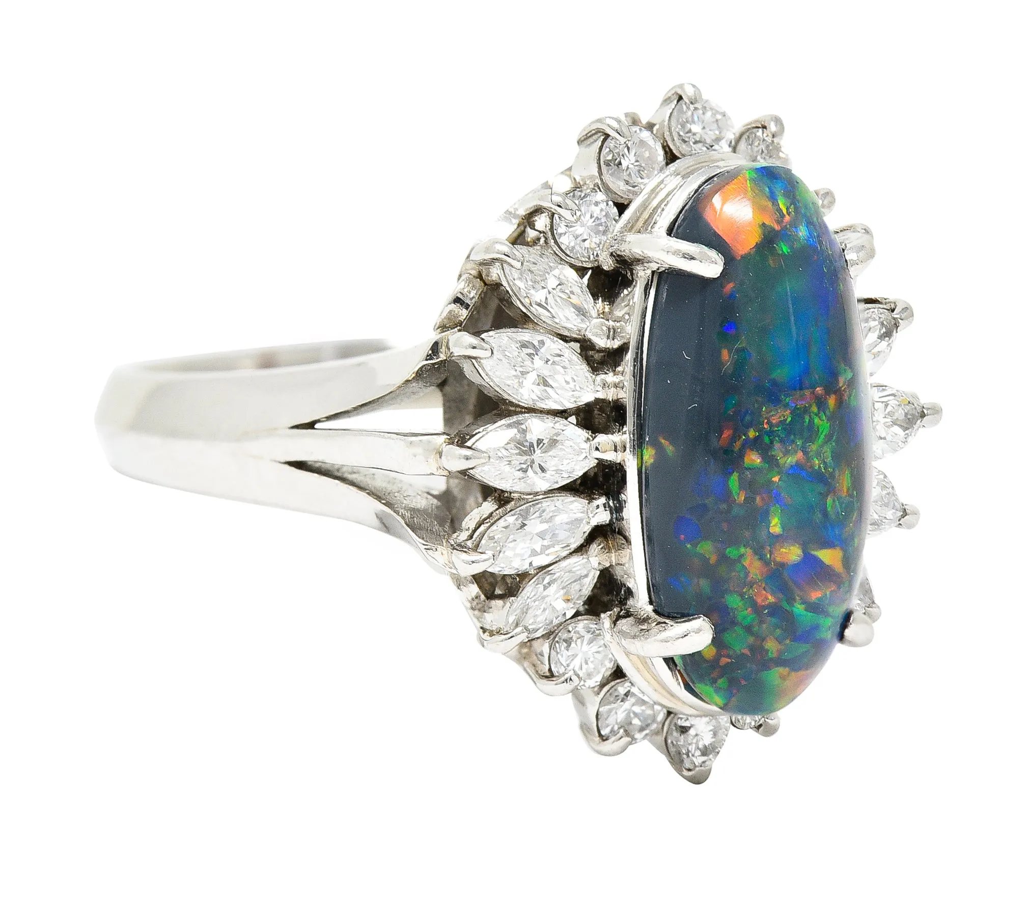 Vintage Black Opal Cabochon Marquise Cut Diamond Platinum Cluster Ring